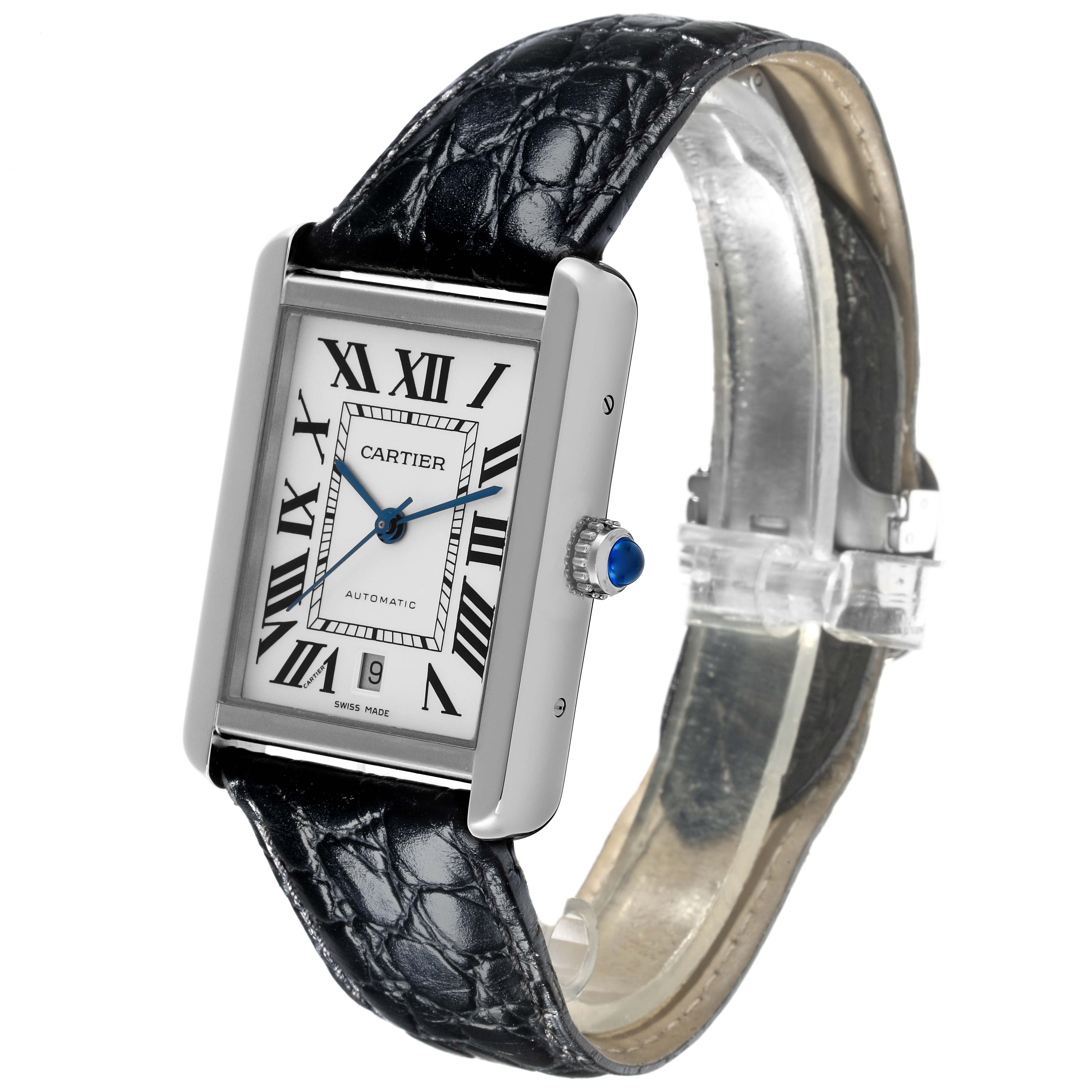 The Cartier Tank Solo W5200027 Men's Stainless Steel Silver Dial W5200027 Men's Stainless Steel Silver Dial watch is shown at an angled side view, highlighting the face, black strap, and crown with a blue cabochon.