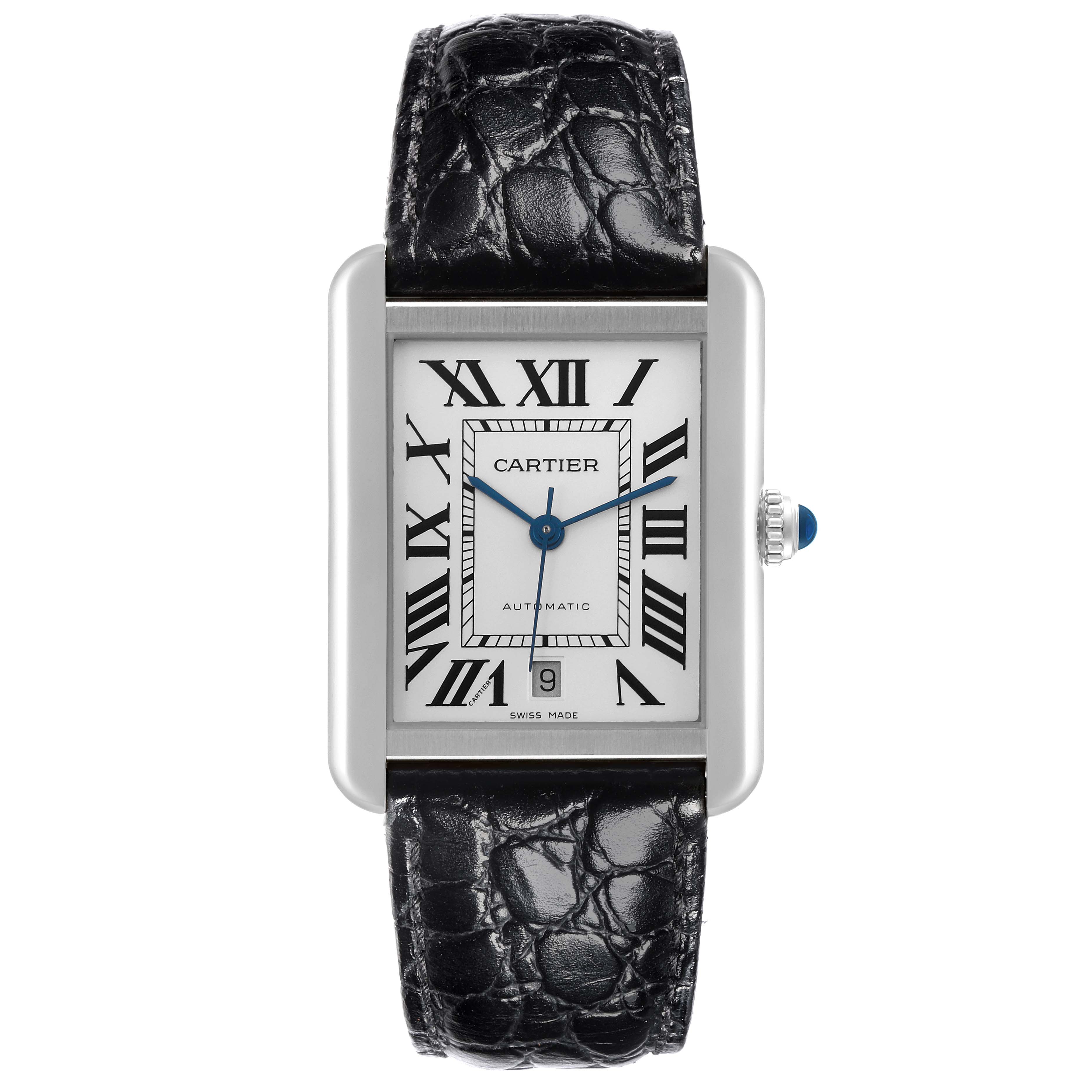 The Cartier Tank Solo W5200027 Men's Stainless Steel Silver Dial W5200027 Men's Stainless Steel Silver Dial watch is shown from the front, displaying the rectangular face, Roman numerals, and black leather strap.