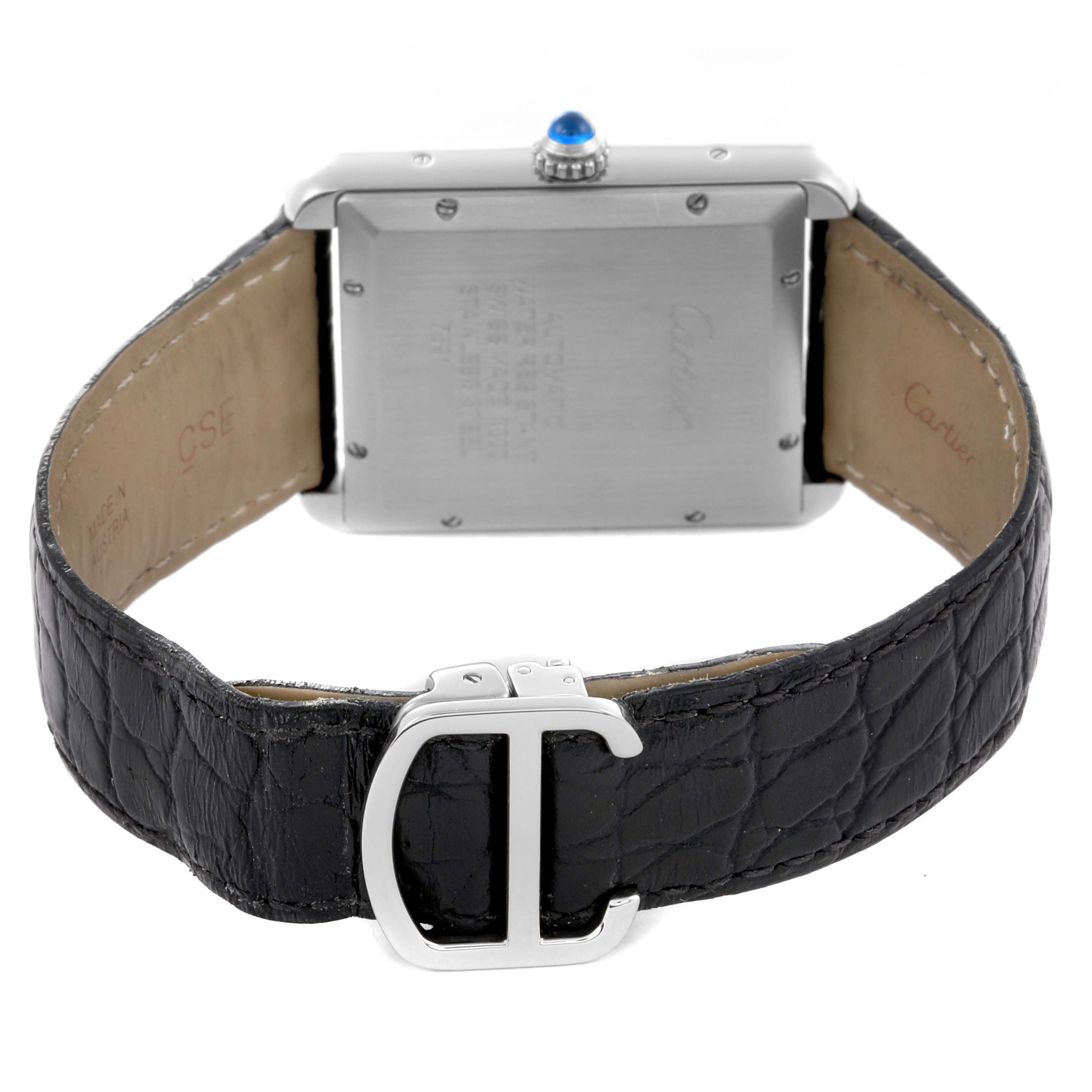 The image shows the back and clasp of a Cartier Tank Solo W5200027 Men's Stainless Steel Silver Dial W5200027 Men's Stainless Steel Silver Dial watch, featuring the leather strap and stainless steel case.