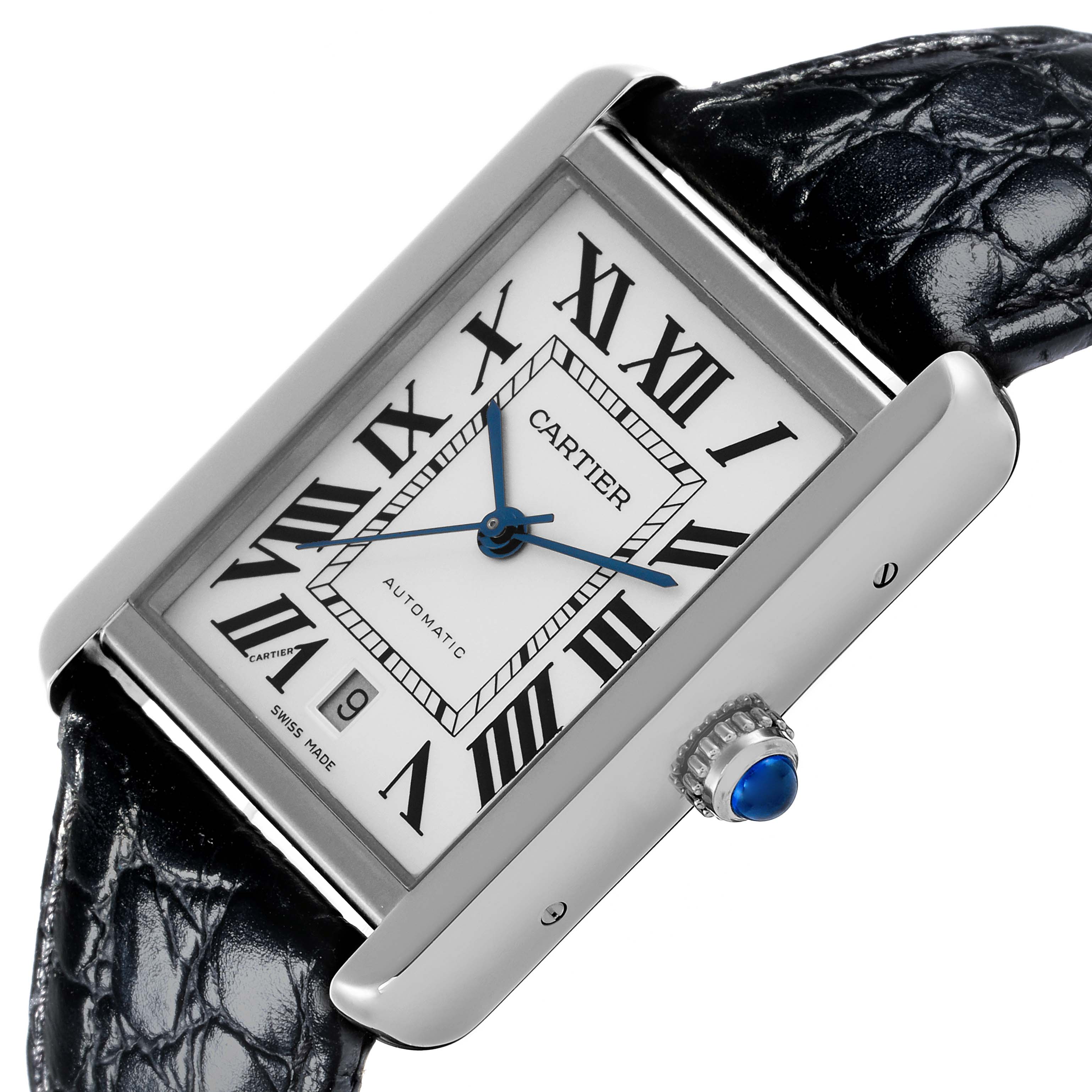 The Cartier Tank Solo W5200027 Men's Stainless Steel Silver Dial W5200027 Men's Stainless Steel Silver Dial watch is shown at a slight angle, highlighting the dial, crown, and part of the strap.