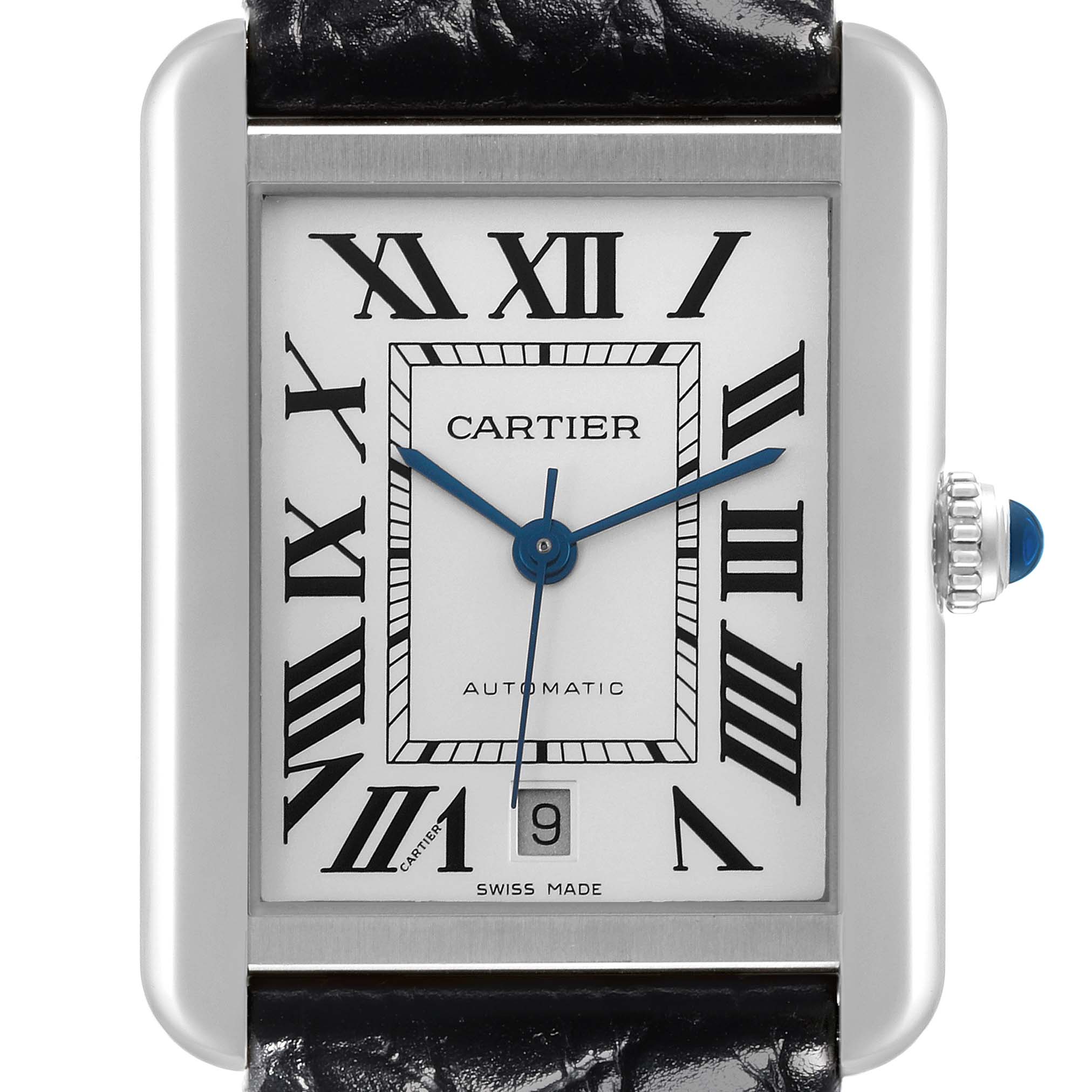 The Cartier Tank Solo W5200027 Men's Stainless Steel Silver Dial W5200027 Men's Stainless Steel Silver Dial watch is shown from the front, displaying the dial, Roman numerals, hands, and crown.