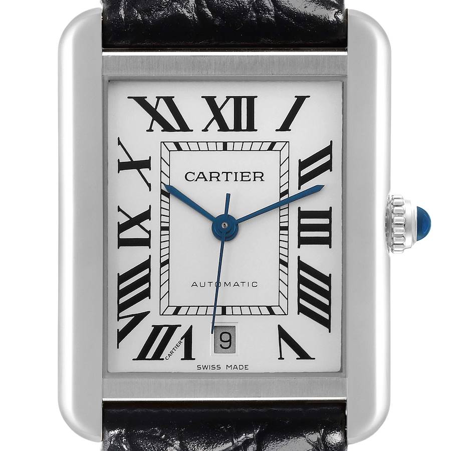 The Cartier Tank Solo W5200027 Men's Stainless Steel Silver Dial W5200027 Men's Stainless Steel Silver Dial watch is shown from the front, displaying the dial, Roman numerals, hands, and crown.