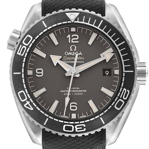 The Omega Planet Ocean 215.32.44.21.06.001 Men's Stainless Steel Grey Dial 215.32.44.21.06.001 Men's Stainless Steel Grey Dial watch is shown in a front view, displaying the face, bezel, date window, and strap.