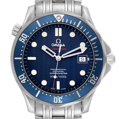 The Omega Seamaster 2220.80.00 Men's Stainless Steel Blue Dial 2220.80.00 Men's Stainless Steel Blue Dial watch is shown from the front, highlighting its bezel, dial, and bracelet.