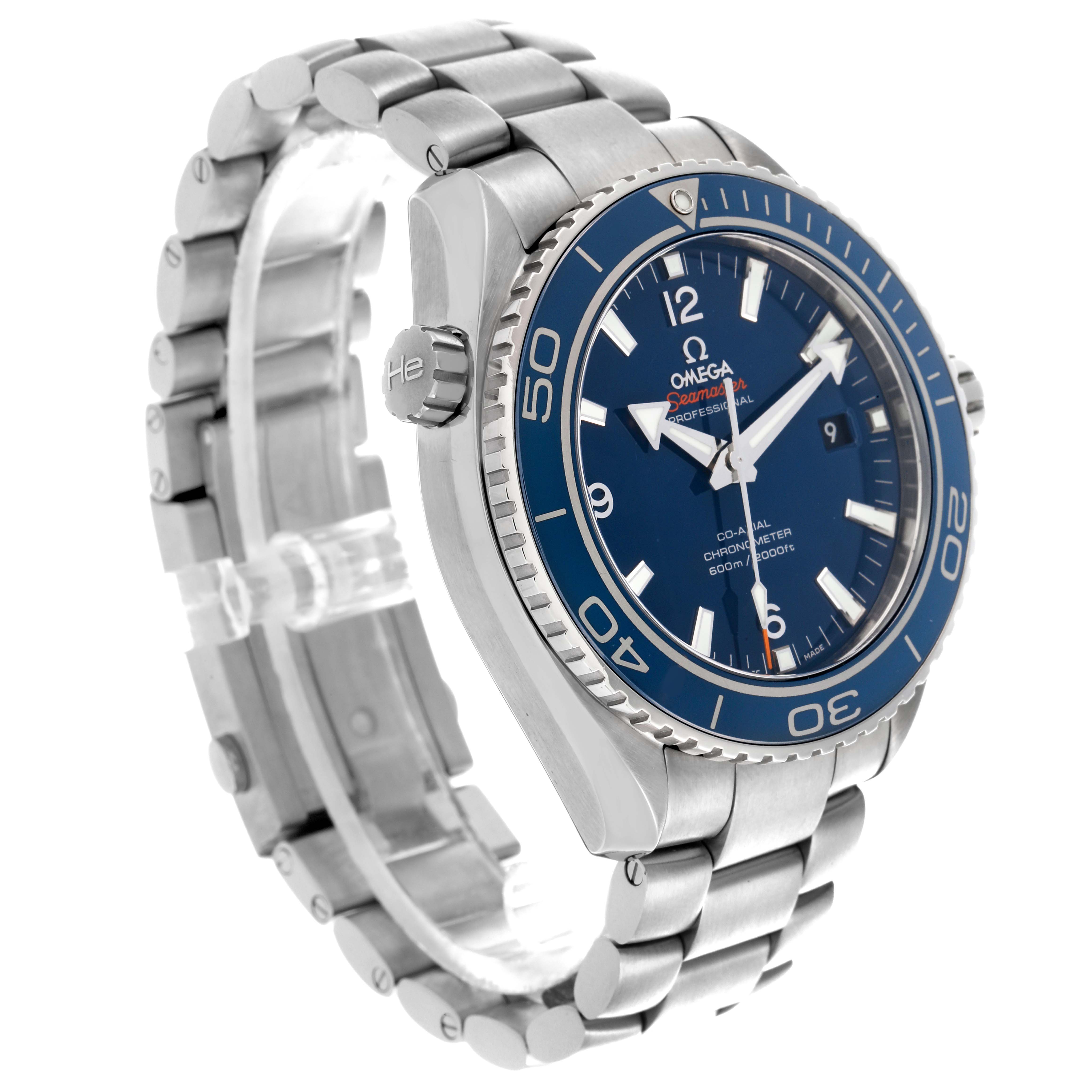 The Omega Planet Ocean 232.90.46.21.03.001 Men's Titanium Blue Dial 232.90.46.21.03.001 Men's Titanium Blue Dial watch is shown at an angled view, highlighting the face, bezel, case, and bracelet.