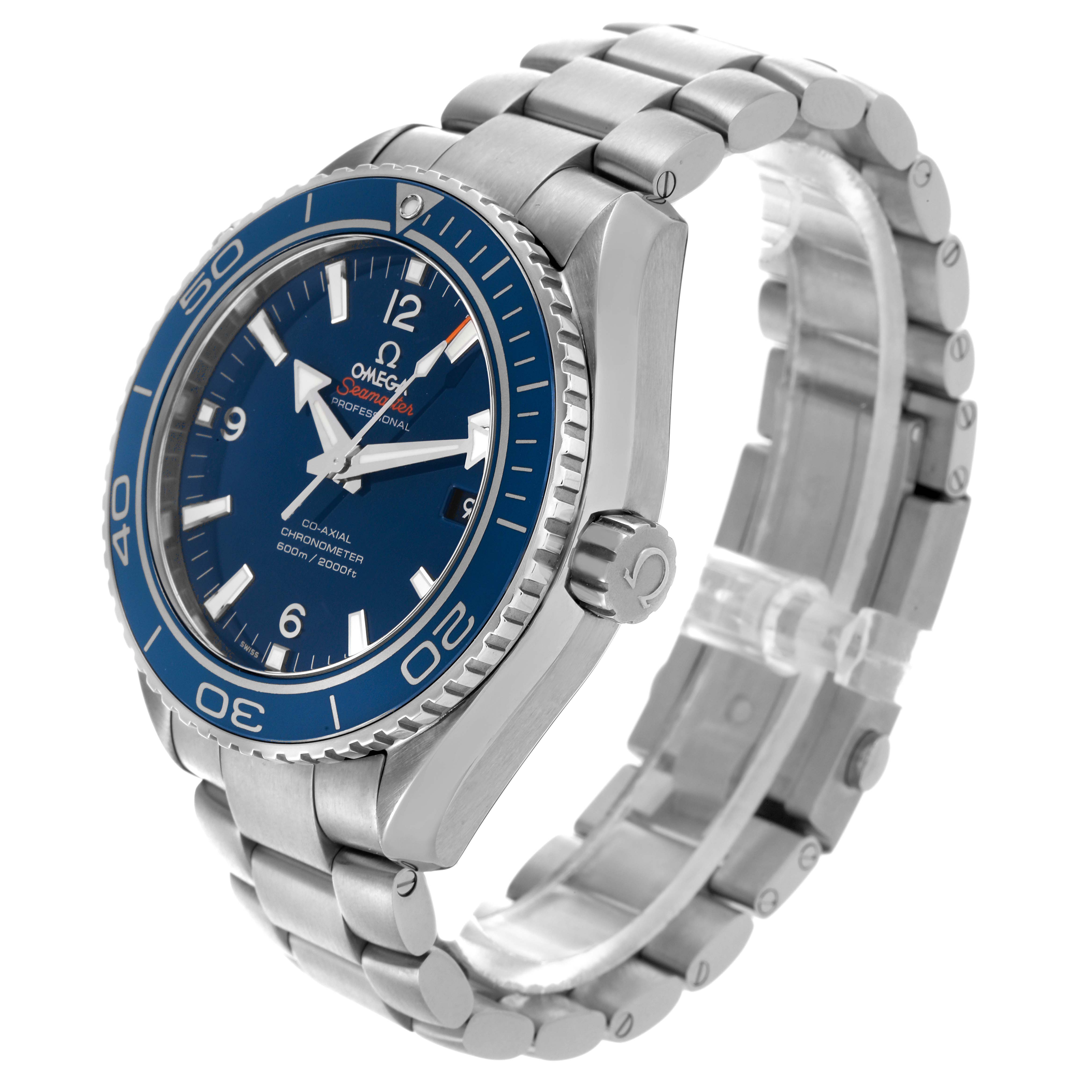 The Omega Planet Ocean 232.90.46.21.03.001 Men's Titanium Blue Dial 232.90.46.21.03.001 Men's Titanium Blue Dial watch is shown at a side angle, highlighting the face, bezel, crown, and bracelet.