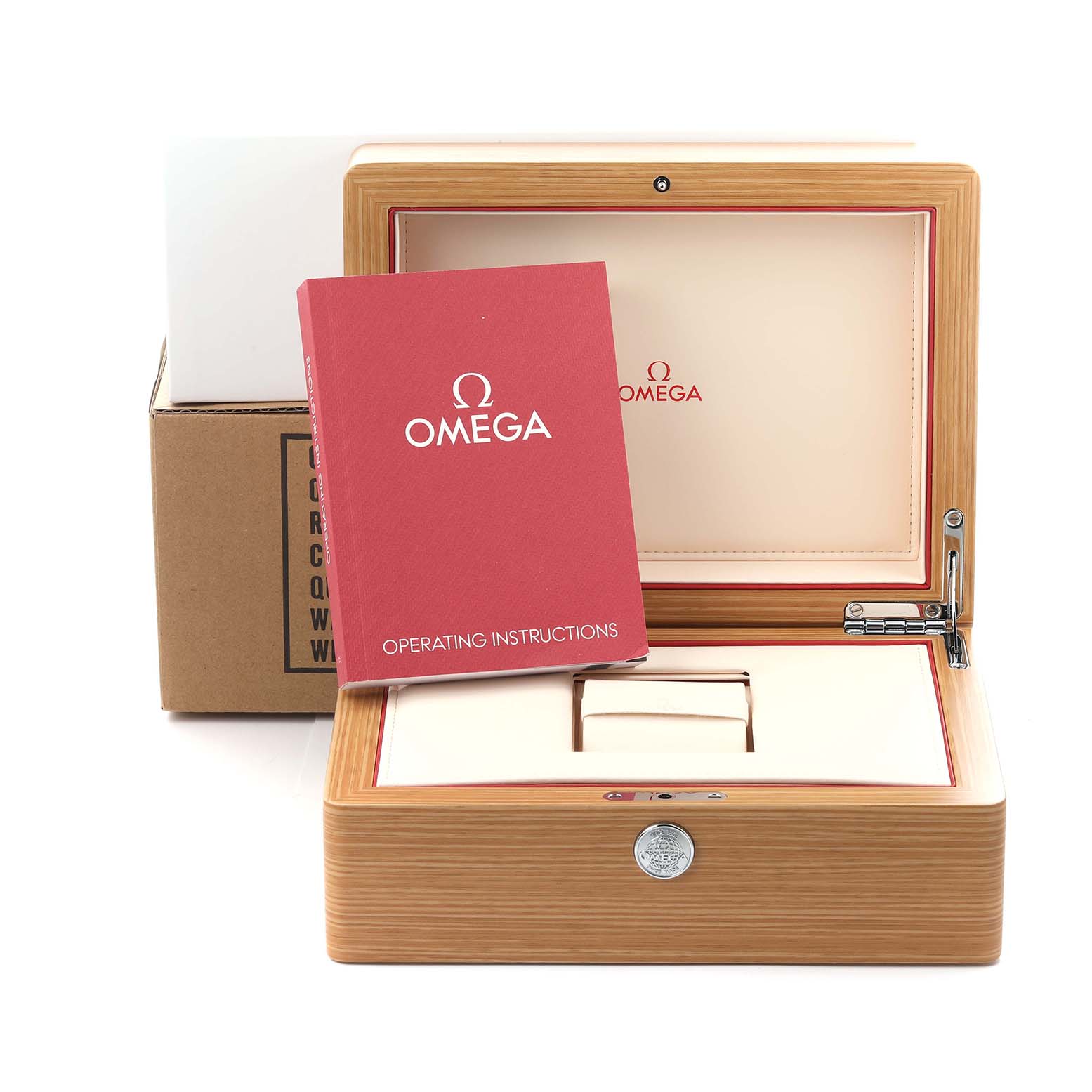 The image shows an Omega Planet Ocean 232.90.46.21.03.001 Men's Titanium Blue Dial 232.90.46.21.03.001 Men's Titanium Blue Dial watch box, instruction manual, and outer packaging from the front angle.