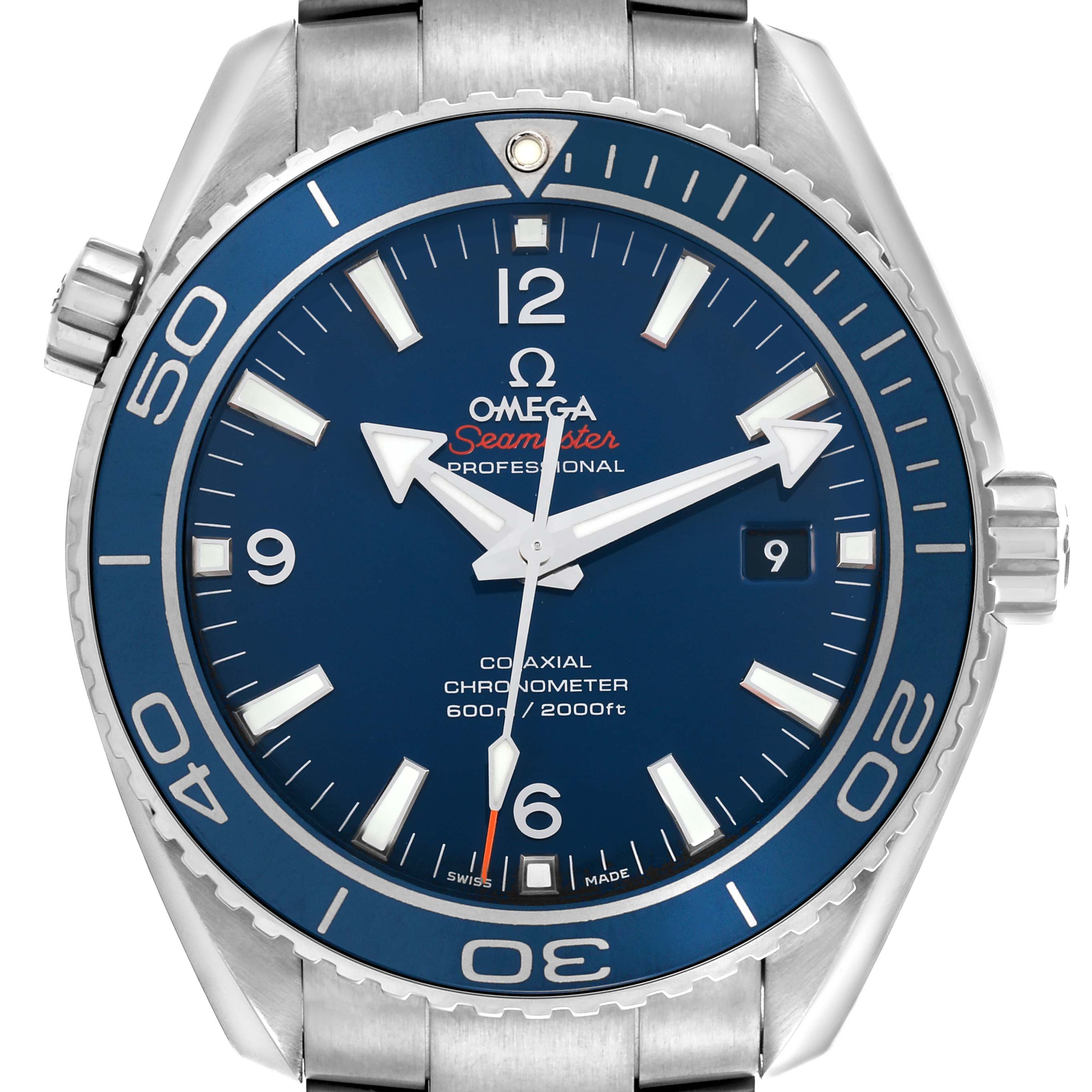 The Omega Planet Ocean 232.90.46.21.03.001 Men's Titanium Blue Dial 232.90.46.21.03.001 Men's Titanium Blue Dial watch is shown from the front, displaying the dial, bezel, and bracelet top.