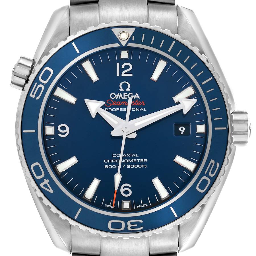 The Omega Planet Ocean 232.90.46.21.03.001 Men's Titanium Blue Dial 232.90.46.21.03.001 Men's Titanium Blue Dial watch is shown from the front, displaying the dial, bezel, and bracelet top.