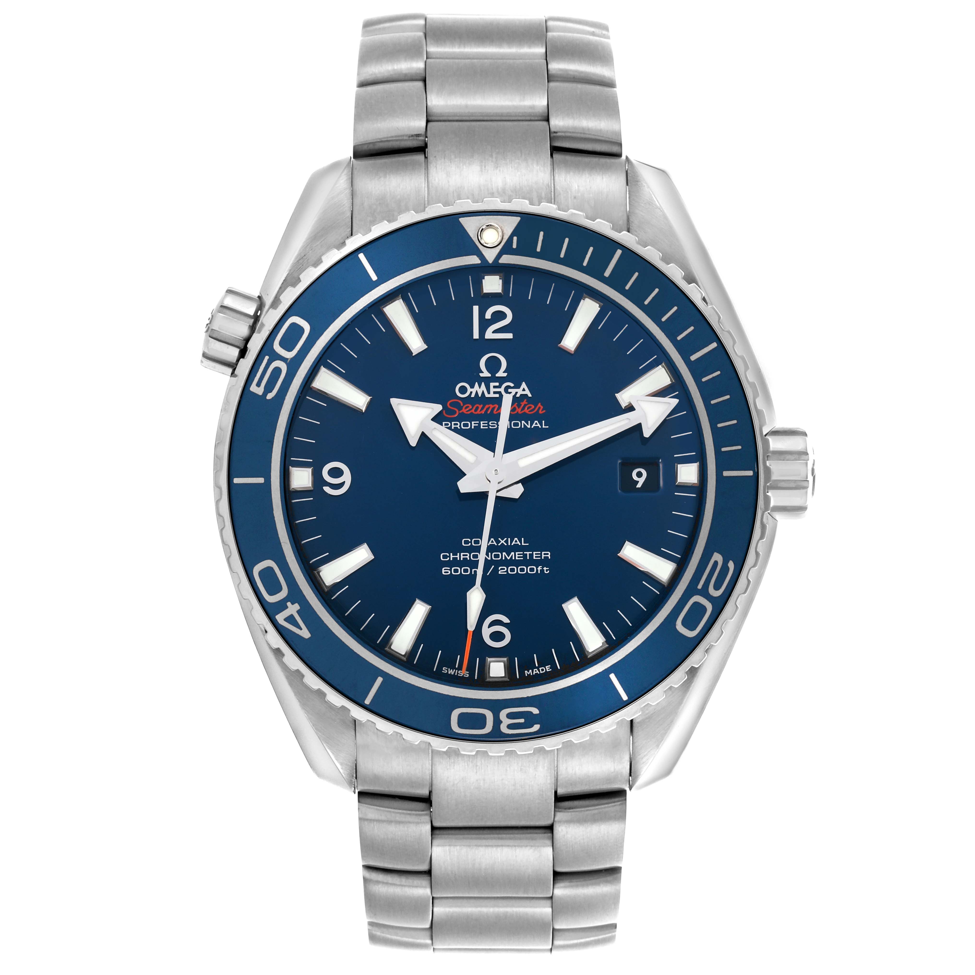The Omega Planet Ocean 232.90.46.21.03.001 Men's Titanium Blue Dial 232.90.46.21.03.001 Men's Titanium Blue Dial watch is shown from the front, highlighting the dial, bezel, and bracelet.