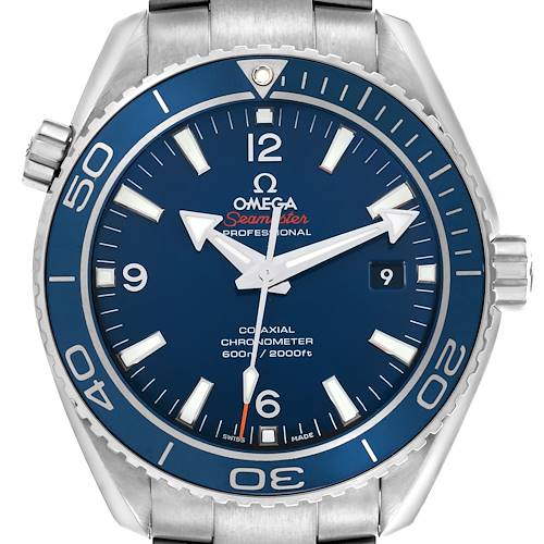 The Omega Planet Ocean 232.90.46.21.03.001 Men's Titanium Blue Dial 232.90.46.21.03.001 Men's Titanium Blue Dial watch is shown from the front, displaying the face, bezel, and part of the bracelet.