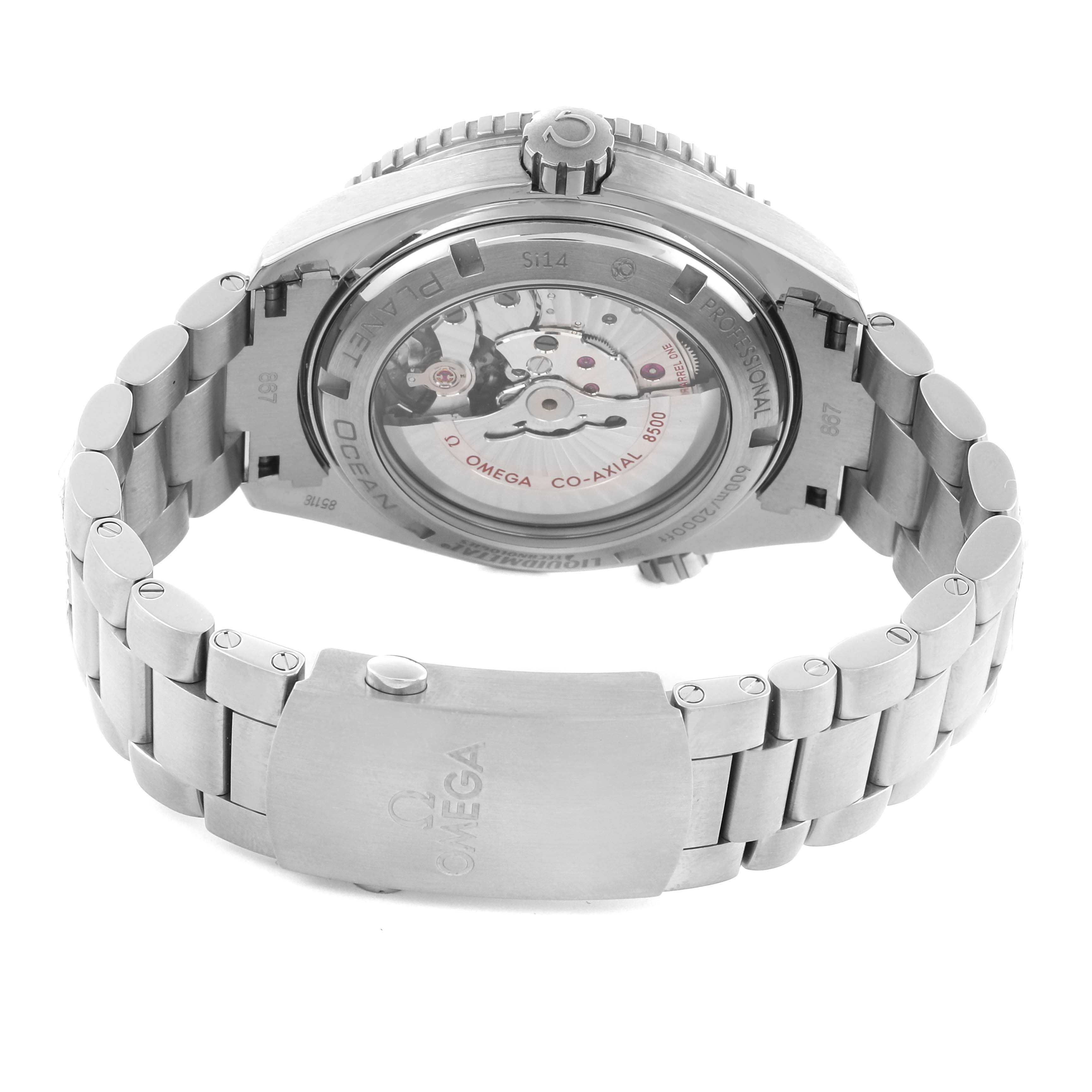 The image shows the back view of the Omega Planet Ocean 232.90.46.21.03.001 Men's Titanium Blue Dial 232.90.46.21.03.001 Men's Titanium Blue Dial watch, displaying the case back and stainless steel bracelet.