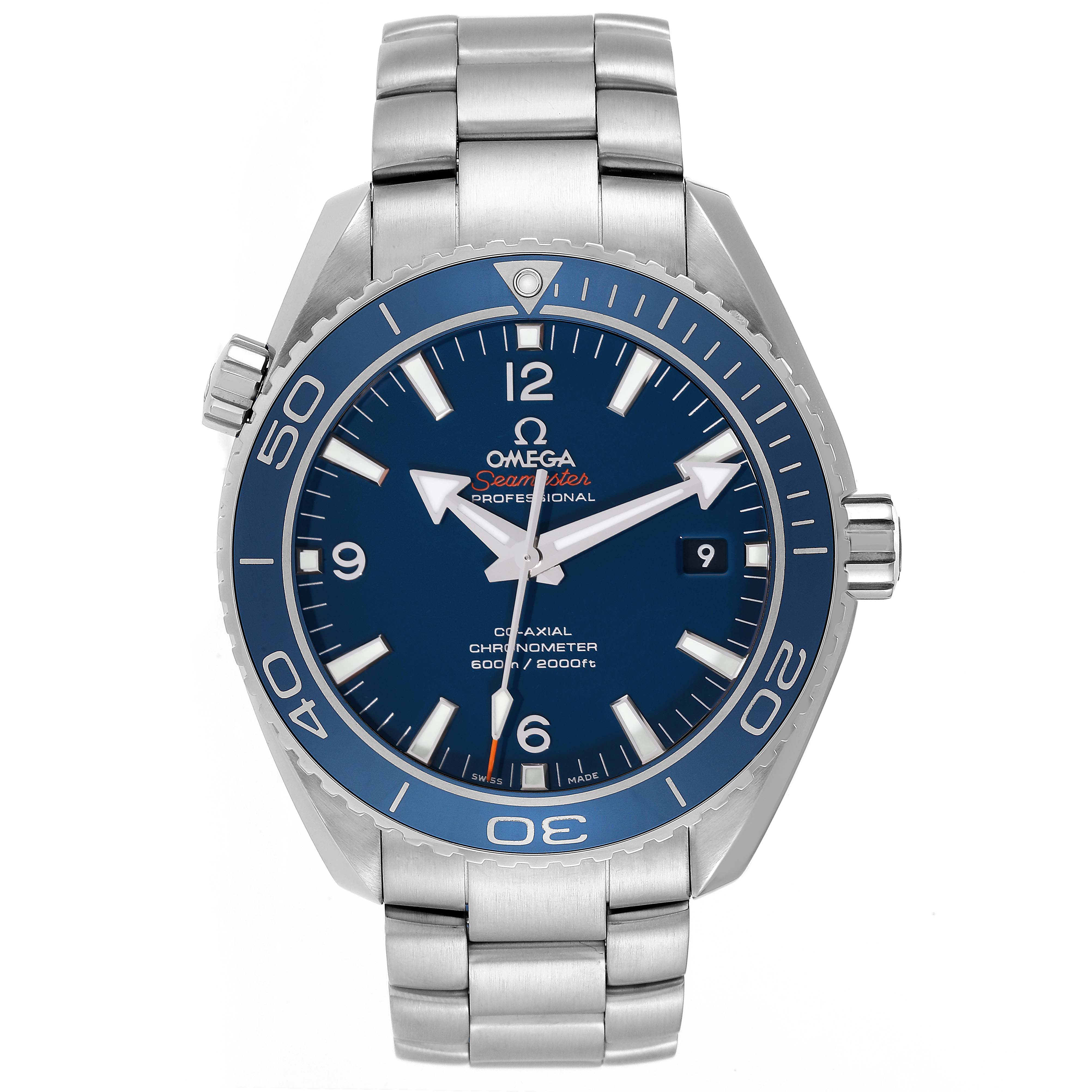 The Omega Planet Ocean 232.90.46.21.03.001 Men's Titanium Blue Dial 232.90.46.21.03.001 Men's Titanium Blue Dial watch is shown from a frontal angle, displaying its blue dial, bezel, and stainless steel bracelet.
