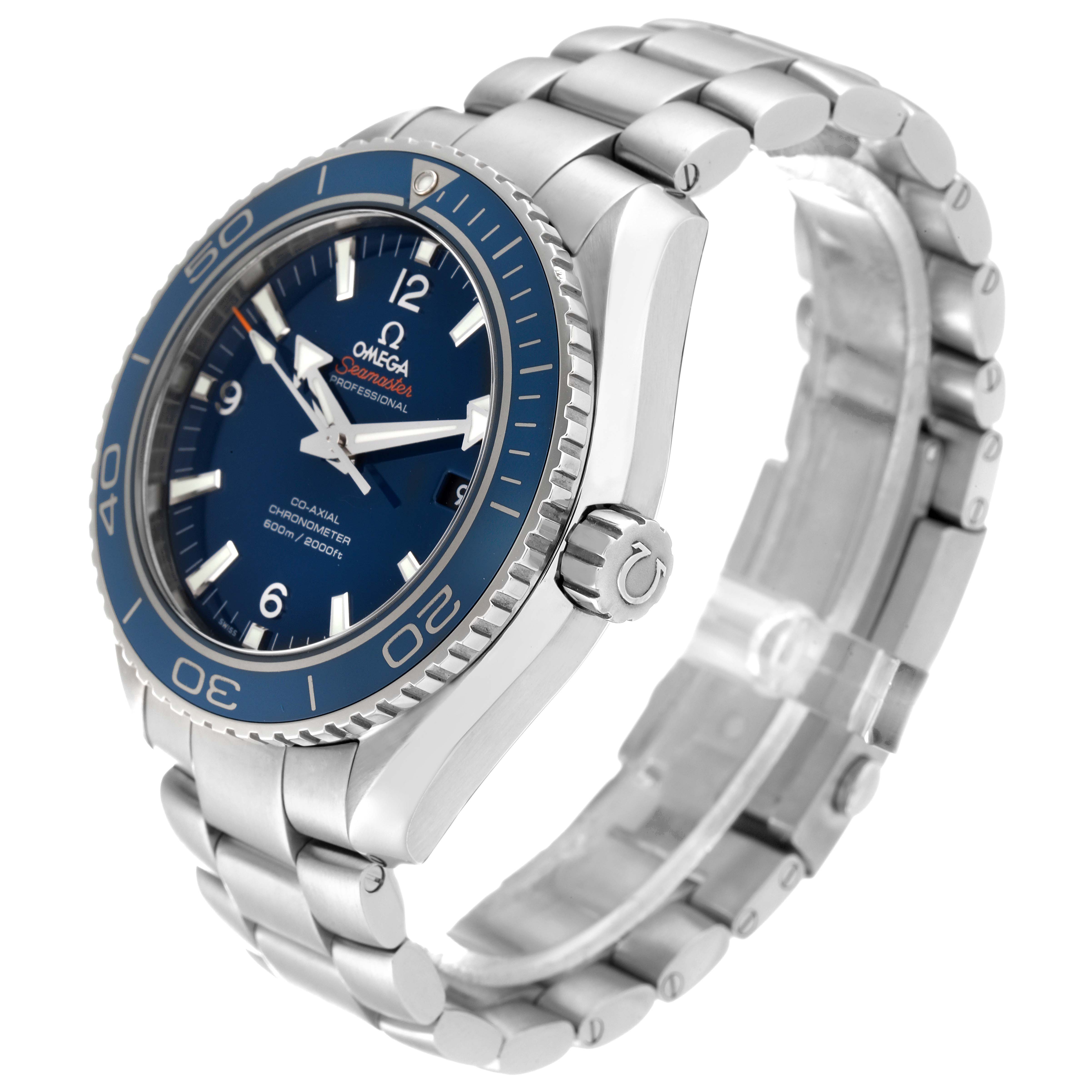 The image shows an angled view of an Omega Planet Ocean 232.90.46.21.03.001 Men's Titanium Blue Dial 232.90.46.21.03.001 Men's Titanium Blue Dial watch, highlighting the dial, bezel, crown, and bracelet.