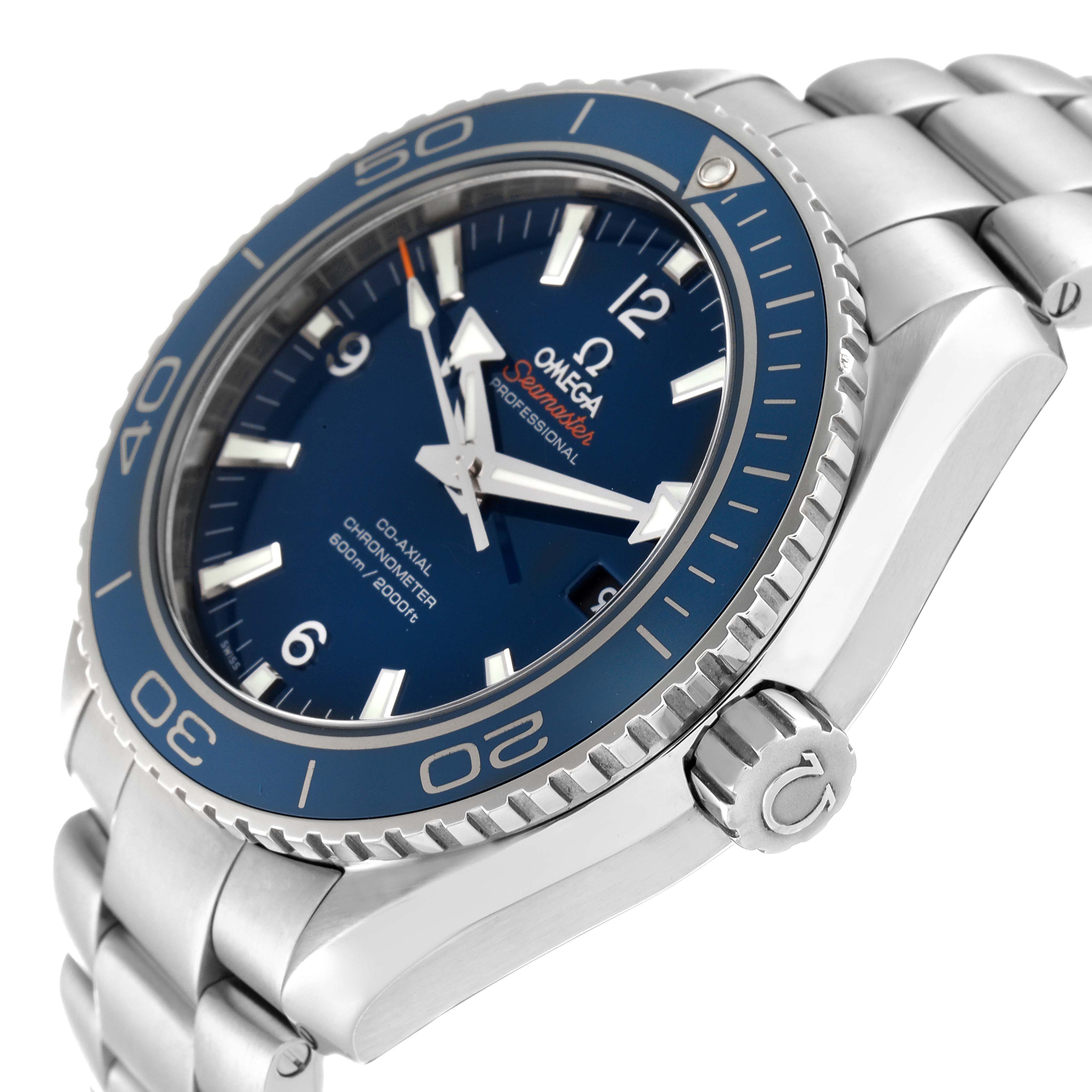 The Omega Planet Ocean 232.90.46.21.03.001 Men's Titanium Blue Dial 232.90.46.21.03.001 Men's Titanium Blue Dial watch is shown at an oblique angle, highlighting the dial, bezel, and bracelet.