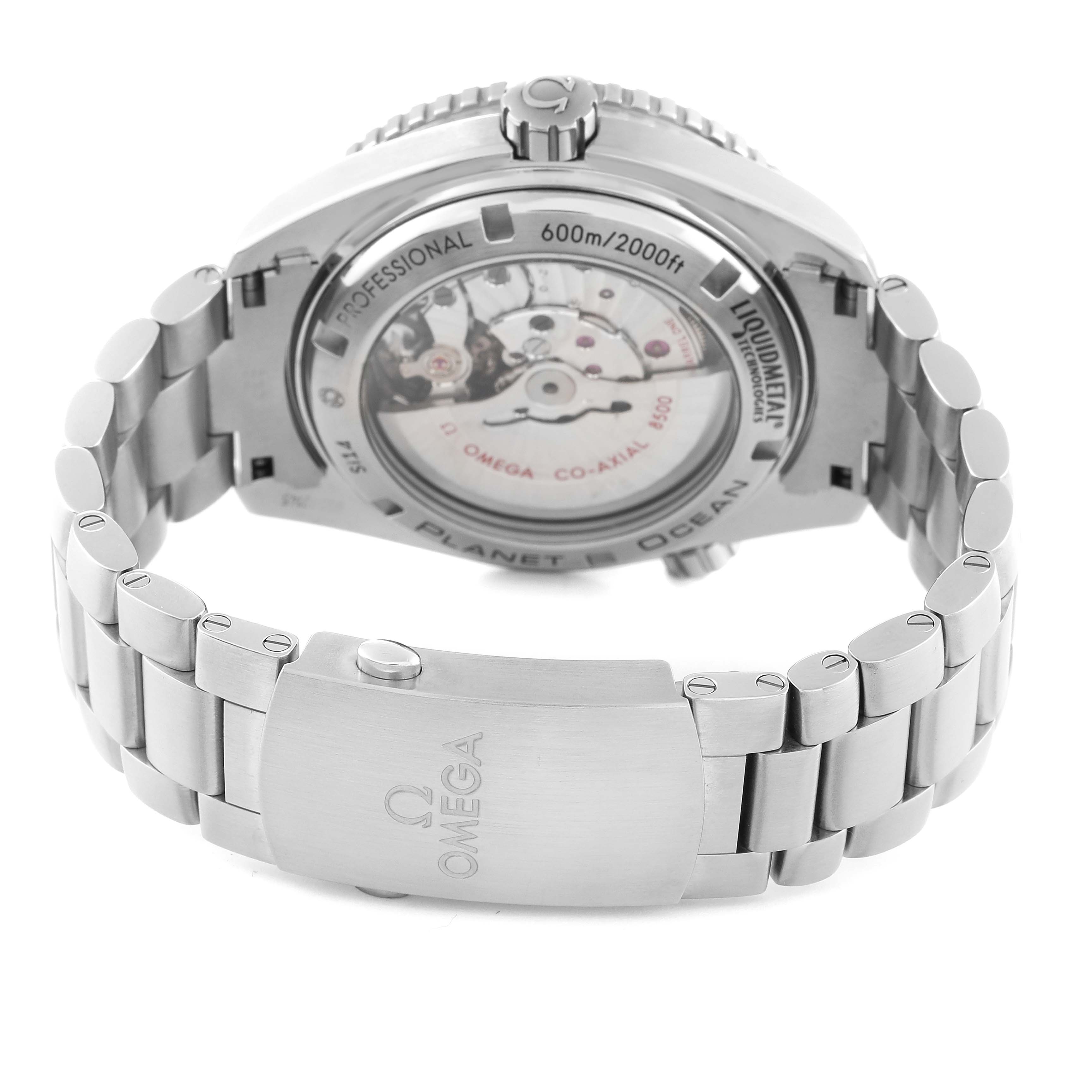 The image shows the back view of the Omega Planet Ocean 232.90.46.21.03.001 Men's Titanium Blue Dial 232.90.46.21.03.001 Men's Titanium Blue Dial watch, highlighting its transparent case back and stainless steel bracelet.