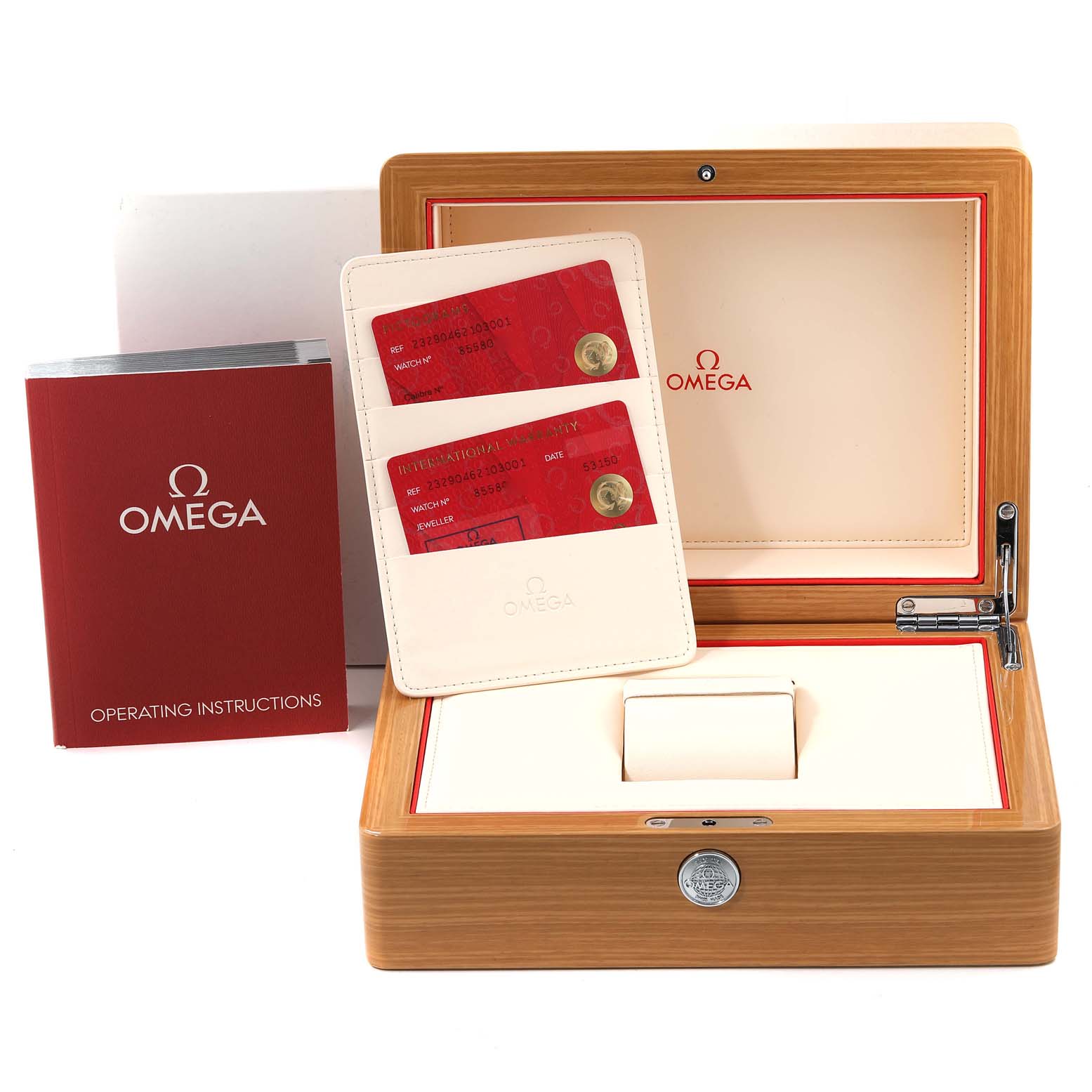 The image shows an Omega Planet Ocean 232.90.46.21.03.001 Men's Titanium Blue Dial 232.90.46.21.03.001 Men's Titanium Blue Dial watch box, warranty cards, and operating instructions from a frontal angle.