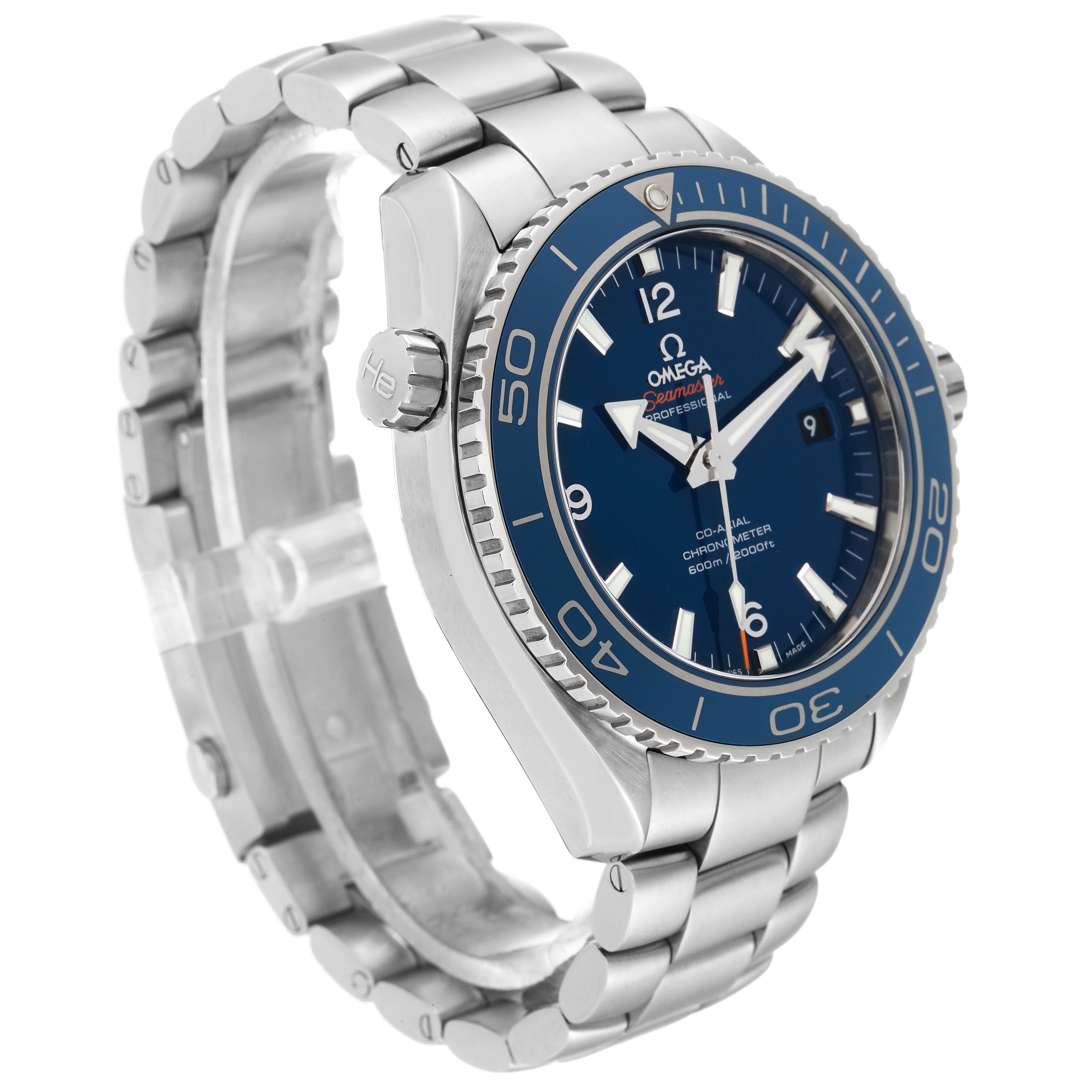 The Omega Planet Ocean 232.90.46.21.03.001 Men's Titanium Blue Dial 232.90.46.21.03.001 Men's Titanium Blue Dial watch is shown at a 3/4 angle displaying the face, bezel, crown, and bracelet.