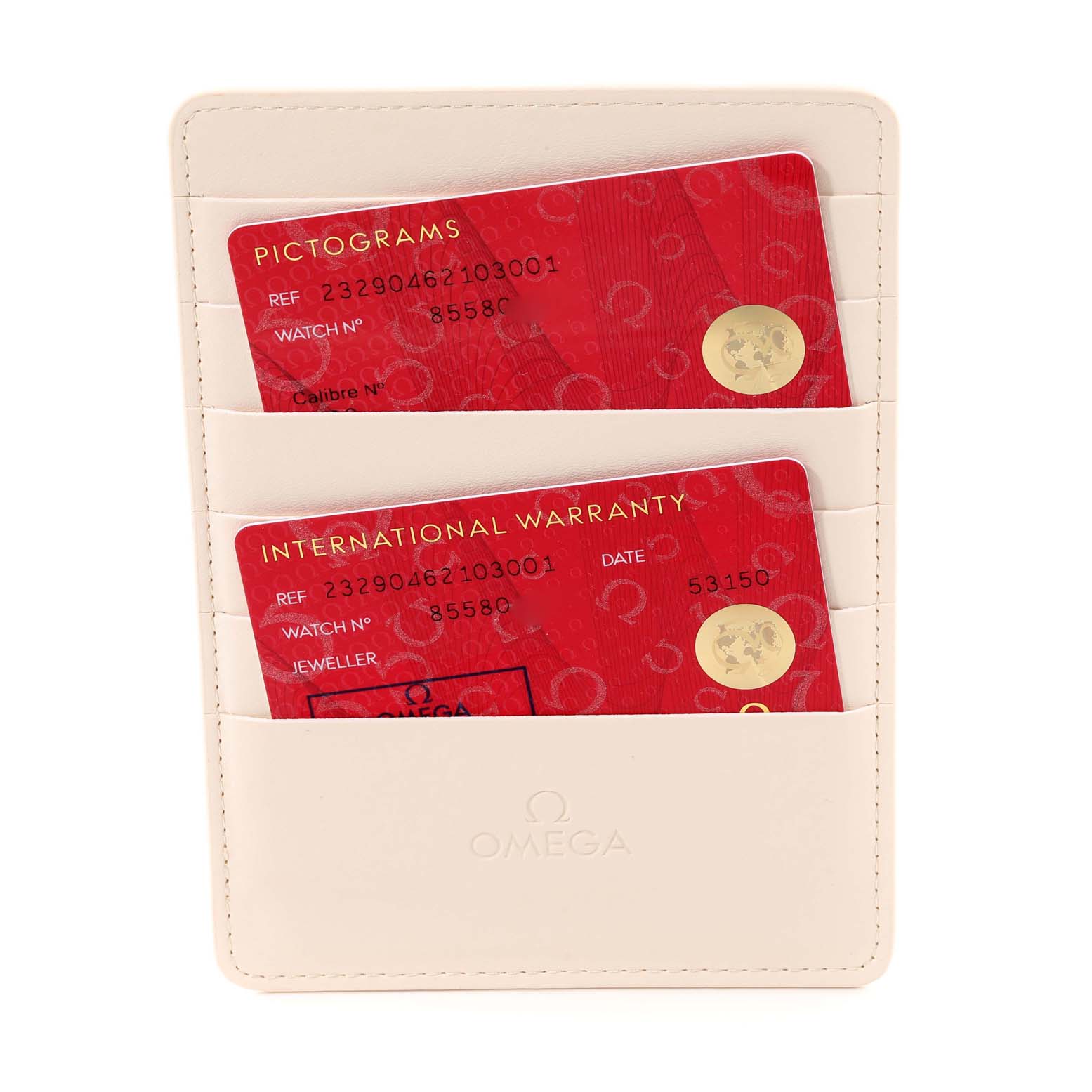 The image shows the pictograms and international warranty cards for the Omega Planet Ocean 232.90.46.21.03.001 Men's Titanium Blue Dial 232.90.46.21.03.001 Men's Titanium Blue Dial watch in a beige cardholder.