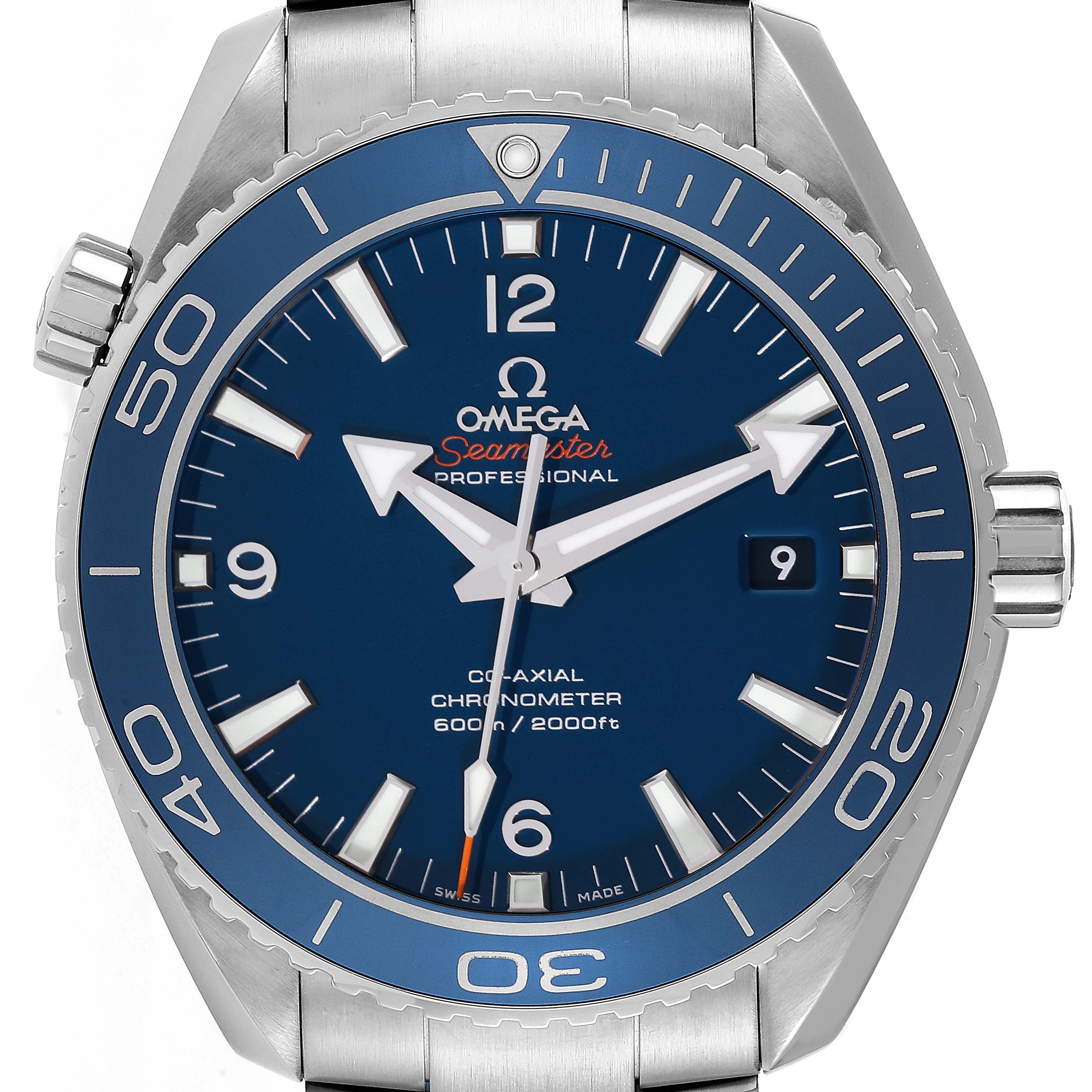 The watch shows a front-facing view of the Omega Planet Ocean 232.90.46.21.03.001 Men's Titanium Blue Dial 232.90.46.21.03.001 Men's Titanium Blue Dial model, including the dial, bezel, and part of the bracelet.