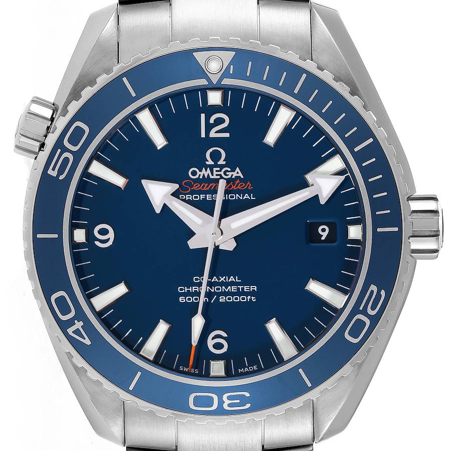 The watch shows a front-facing view of the Omega Planet Ocean 232.90.46.21.03.001 Men's Titanium Blue Dial 232.90.46.21.03.001 Men's Titanium Blue Dial model, including the dial, bezel, and part of the bracelet.