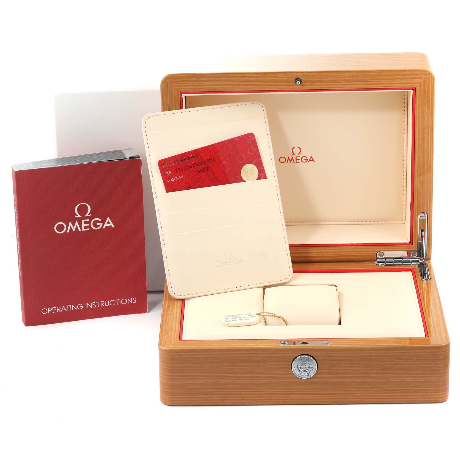 The image shows an Omega Speedmaster 321.10.42.50.02.001 Men's Stainless Steel Silver Dial 321.10.42.50.02.001 Men's Stainless Steel Silver Dial watch box, warranty card, cardholder, and operating instructions book.