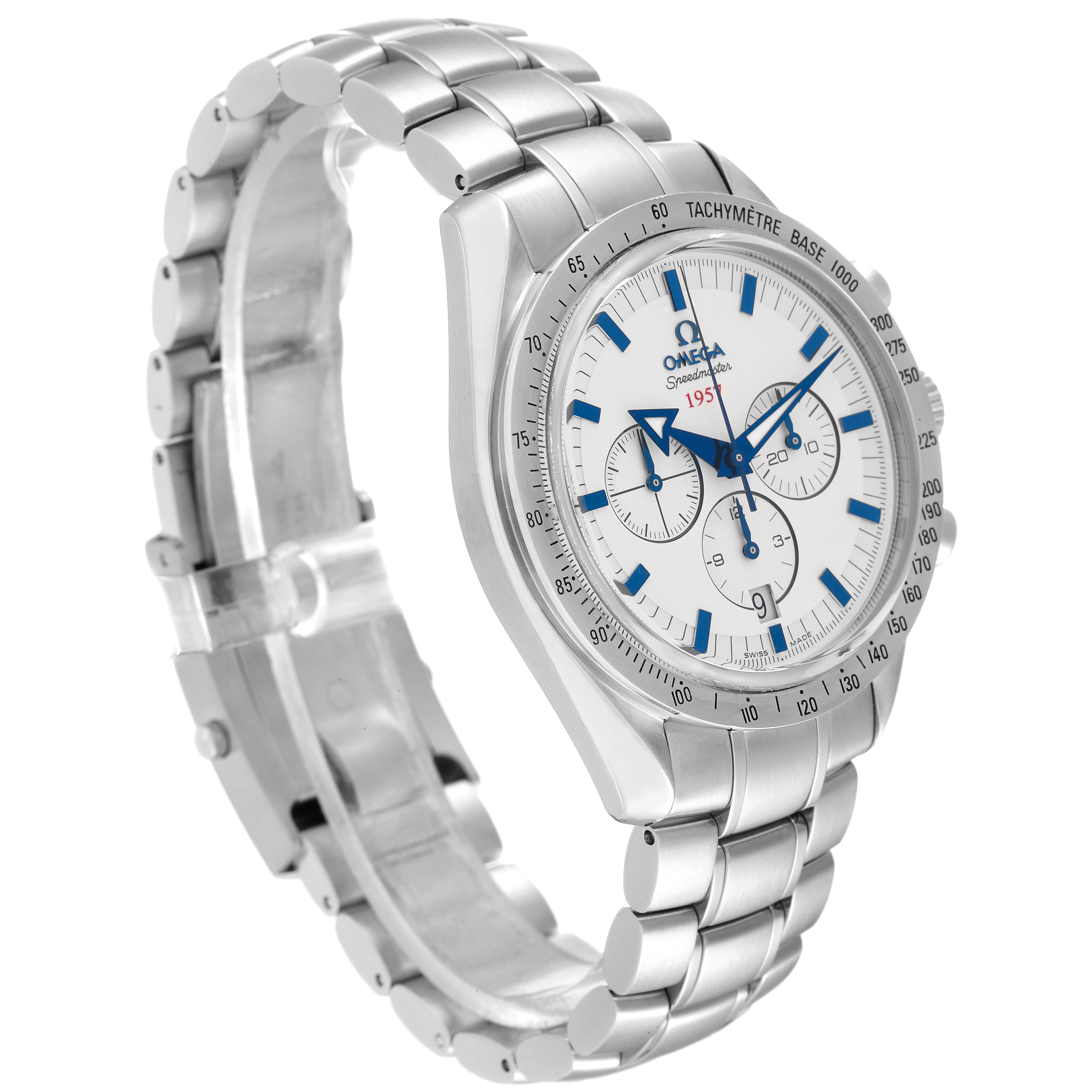 The Omega Speedmaster 321.10.42.50.02.001 Men's Stainless Steel Silver Dial 321.10.42.50.02.001 Men's Stainless Steel Silver Dial watch is shown at a three-quarter angle displaying its face, bezel, and bracelet.