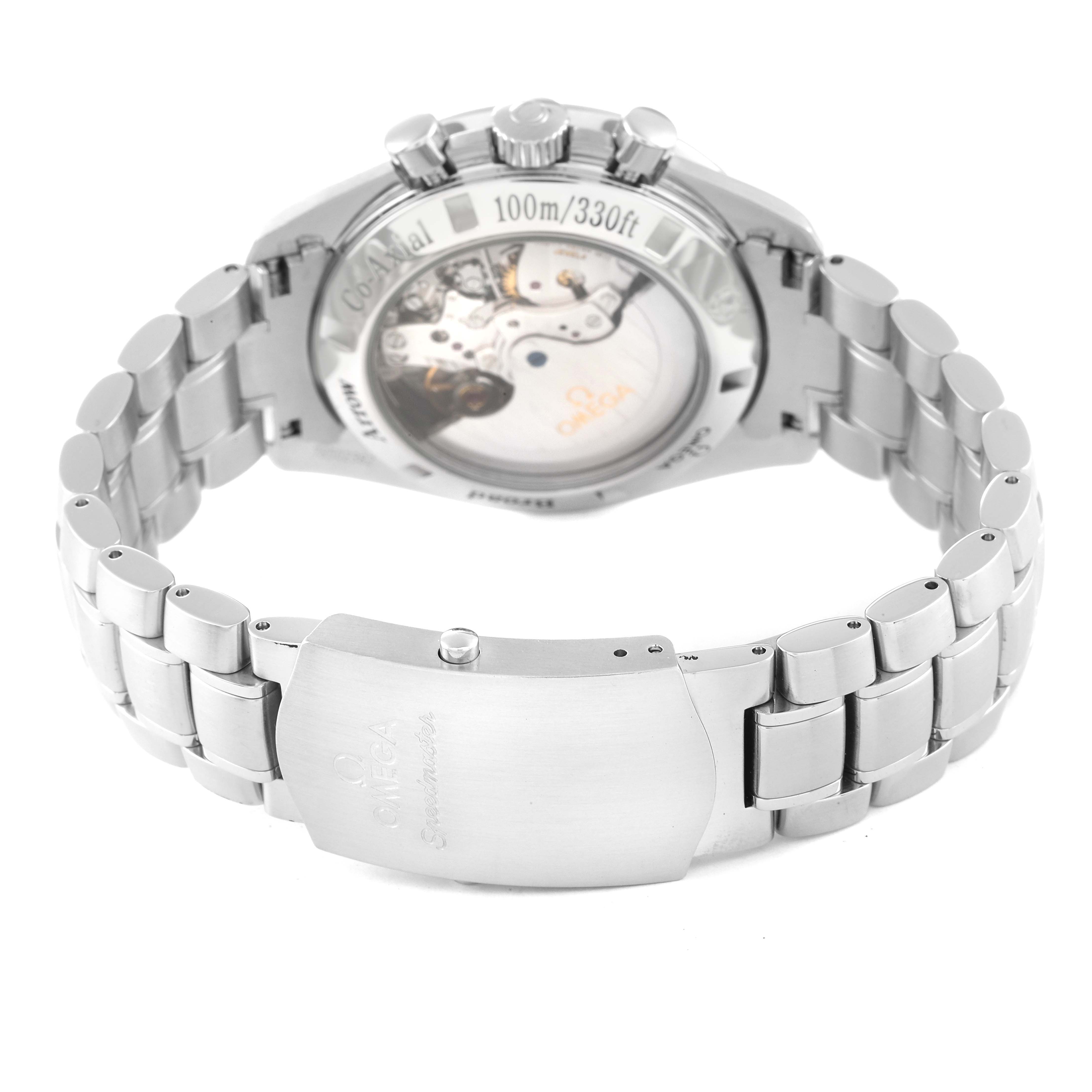 This image shows the back view of an Omega Speedmaster 321.10.42.50.02.001 Men's Stainless Steel Silver Dial 321.10.42.50.02.001 Men's Stainless Steel Silver Dial watch, highlighting the bracelet and exhibition case back.