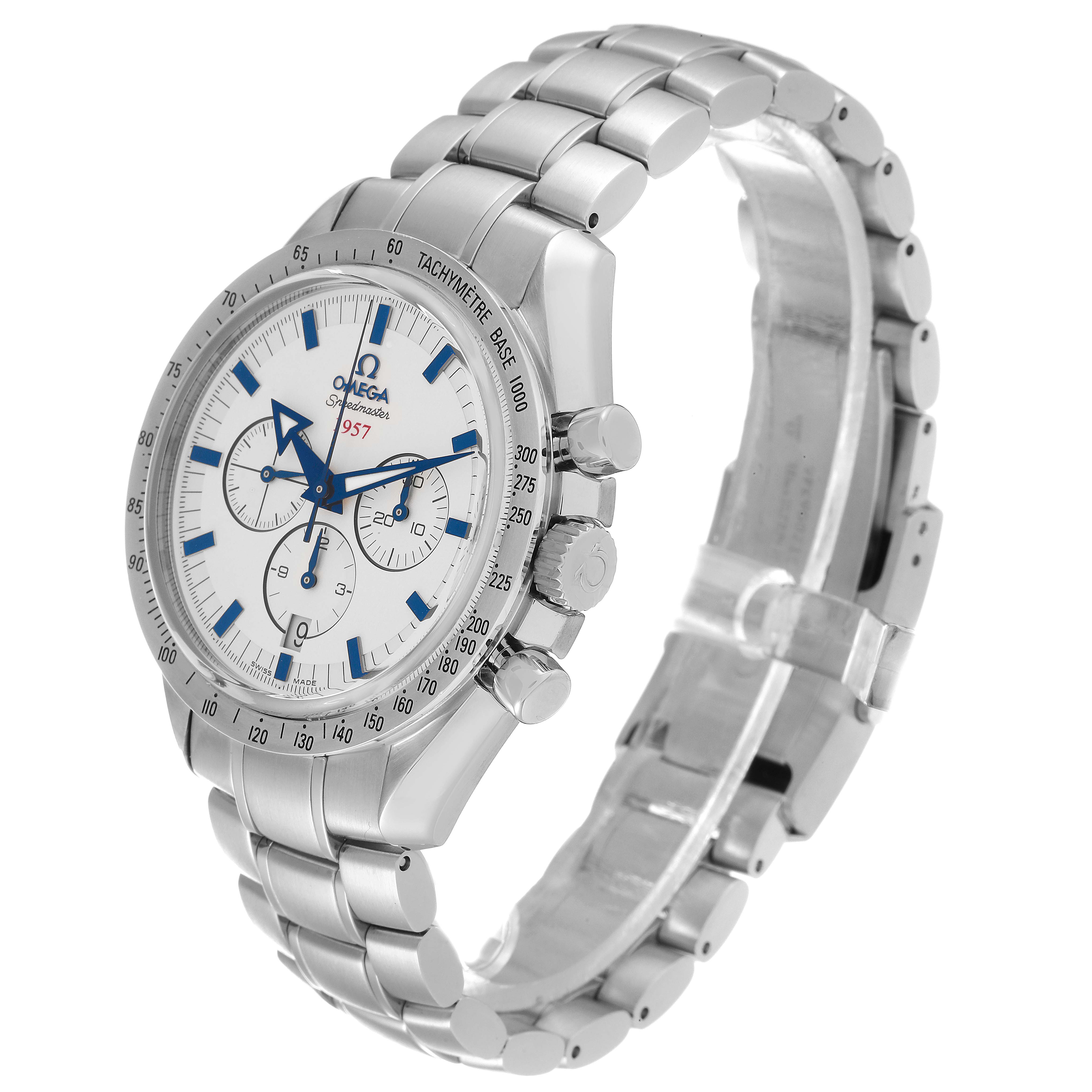 The Omega Speedmaster 321.10.42.50.02.001 Men's Stainless Steel Silver Dial 321.10.42.50.02.001 Men's Stainless Steel Silver Dial watch is shown at an angle revealing its face, dial, bezel, pushers, and bracelet.