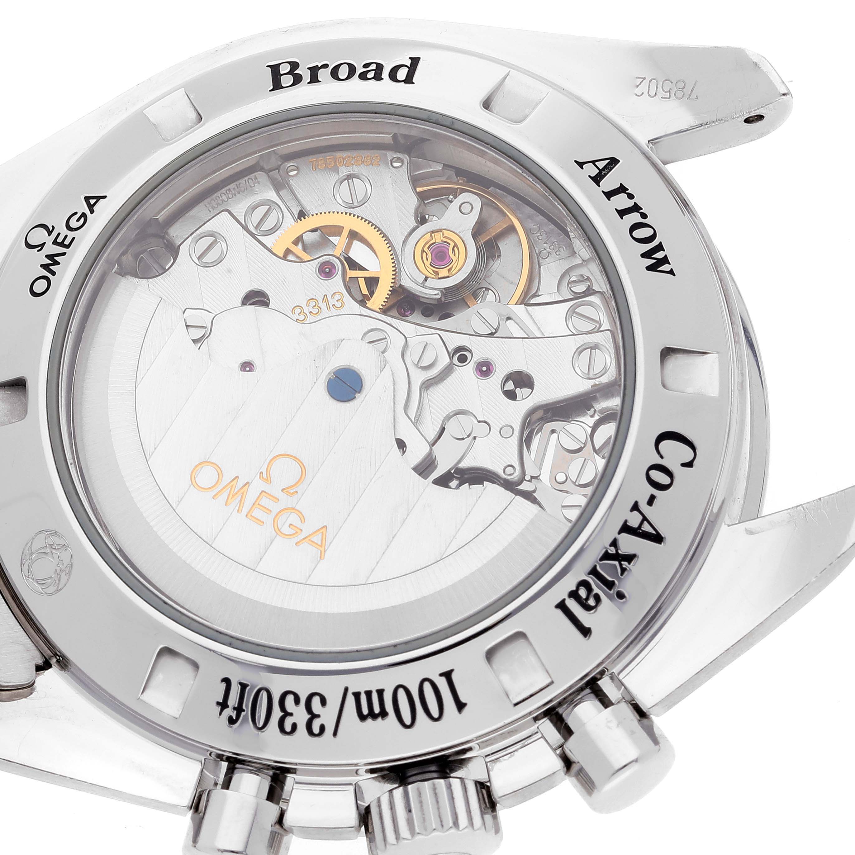 The image shows the case back of an Omega Speedmaster 321.10.42.50.02.001 Men's Stainless Steel Silver Dial 321.10.42.50.02.001 Men's Stainless Steel Silver Dial, revealing its internal mechanics and engravings.