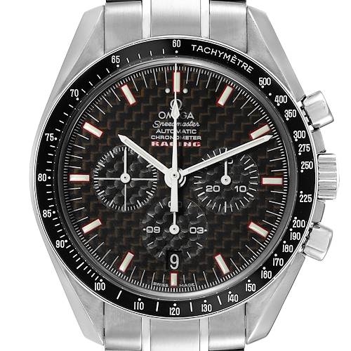 This image shows a front view of an Omega Speedmaster 3552.59.00 Men's Stainless Steel Black Dial 3552.59.00 Men's Stainless Steel Black Dial Racing watch, highlighting its dial, tachymeter bezel, and stainless steel bracelet.
