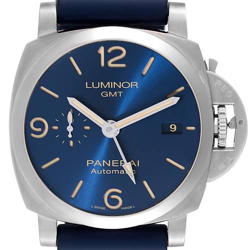 The image shows a front view of a Panerai Luminor PAM01033 Men's Stainless Steel Blue Dial PAM01033 Men's Stainless Steel Blue Dial GMT watch, highlighting the blue dial, hour markers, date display, and crown guard.