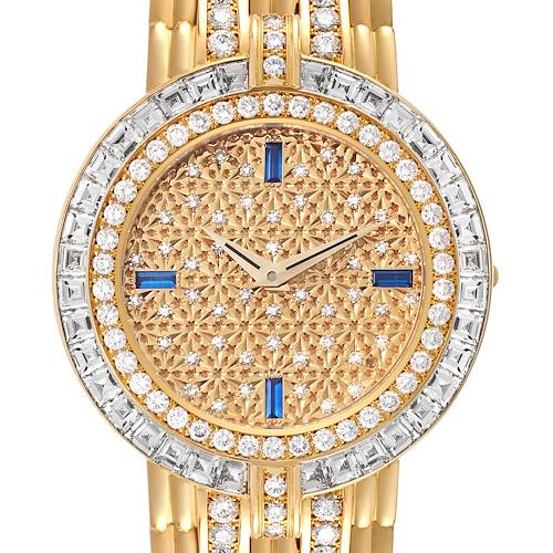 The image shows the front view of a Patek Philippe Calatrava 3982/1J Women's Yellow Gold Champagne Dial 3982/1J Women's Yellow Gold Champagne Dial watch, highlighting its ornate dial and encrusted bezel.