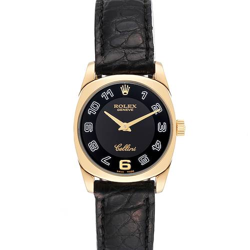The image shows a front view of a Rolex Cellini 6229 Women's Yellow Gold Black Dial 6229 Women's Yellow Gold Black Dial watch featuring a black leather strap and a gold case with an Arabic numeral dial.