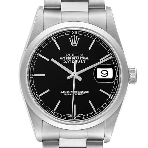 The Rolex Datejust 16200 Men's Stainless Steel Black Dial 16200 Men's Stainless Steel Black Dial watch is shown from the front, highlighting the dial, bezel, and bracelet top links.