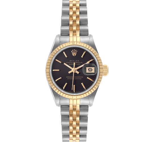 The Rolex Datejust 69173 Women's Steel and Gold (two tone) Black Dial 69173 Women's Steel and Gold (two tone) Black Dial is shown from a front view, displaying its dial, bezel, crown, and two-tone bracelet.