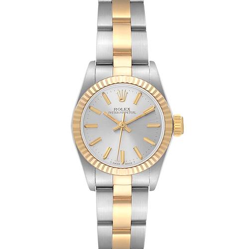 The Rolex Oyster Perpetual 67193 Women's Steel and Gold (two tone) Silver Dial 67193 Women's Steel and Gold (two tone) Silver Dial watch is shown from a top-down angle, displaying the dial, bezel, case, and bracelet.