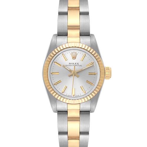 This image shows a front view of a Rolex Oyster Perpetual 67193 Women's Steel and Gold (two tone) Silver Dial 67193 Women's Steel and Gold (two tone) Silver Dial watch, featuring a two-tone gold and silver bracelet and fluted bezel.