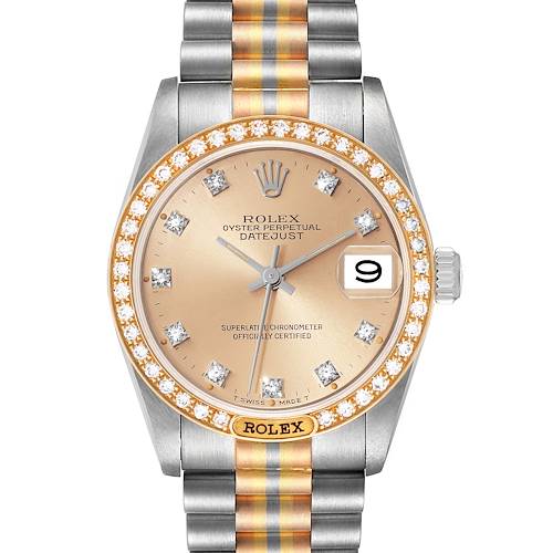 The image shows a Rolex President 68149 Women's White Gold Champagne Dial 68149 Women's White Gold Champagne Dial model watch from the front, highlighting the dial, bezel, and part of the bracelet.