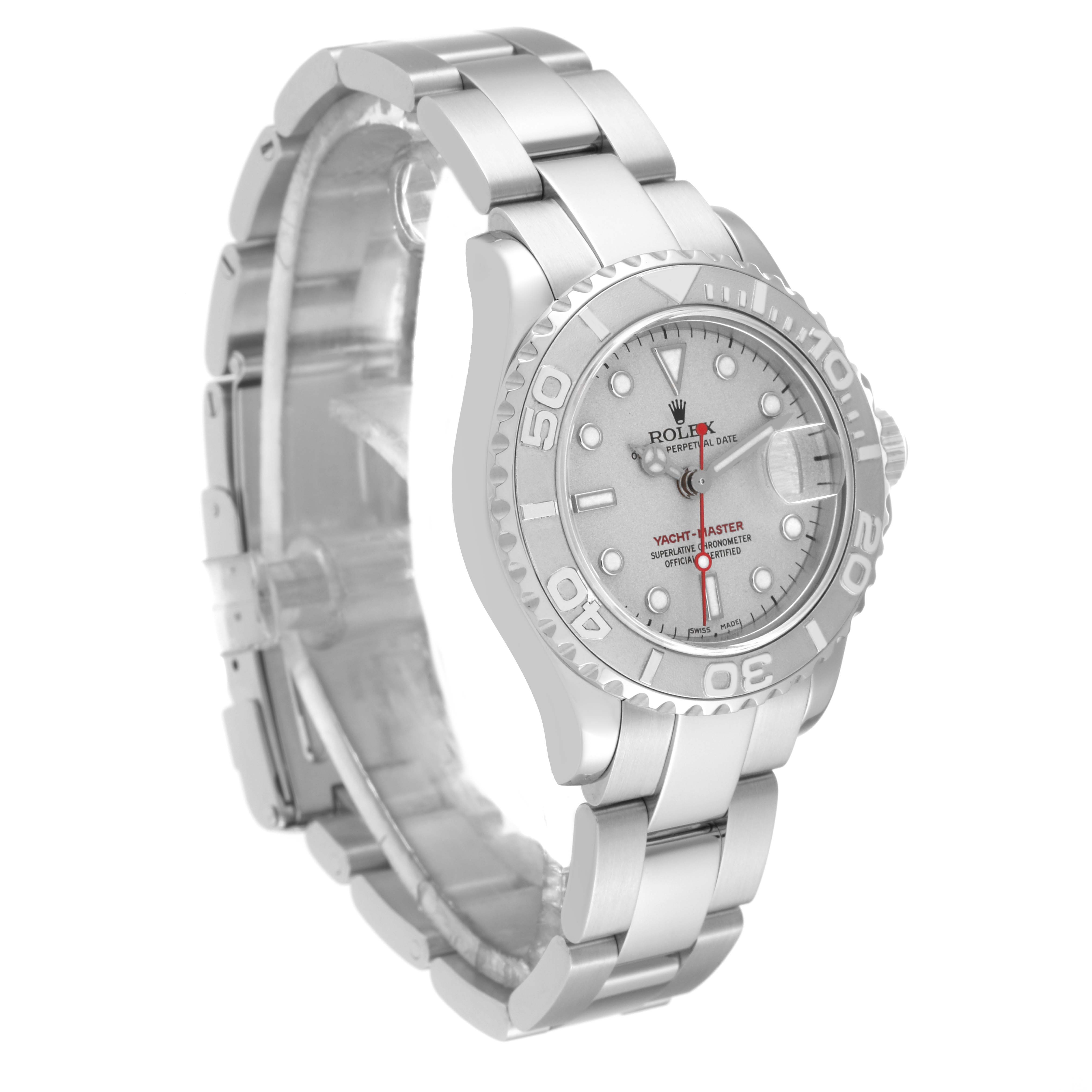 The Rolex Yacht-Master 169622 Women's Stainless Steel Silver Dial 169622 Women's Stainless Steel Silver Dial watch is shown at a slight angle, highlighting the dial, bezel, and part of the bracelet.