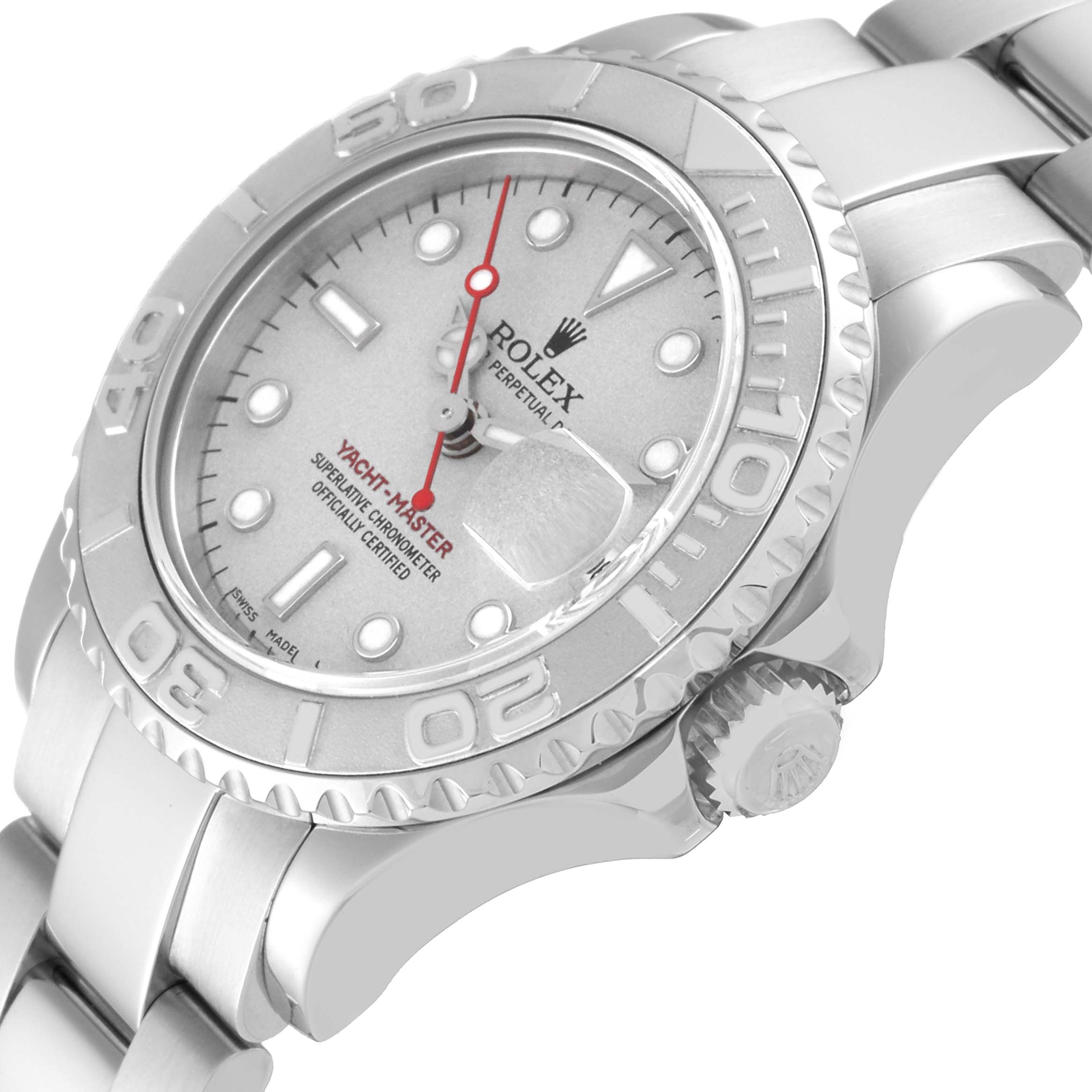 The image shows a close-up angle of the Rolex Yacht-Master 169622 Women's Stainless Steel Silver Dial 169622 Women's Stainless Steel Silver Dial watch, focusing on the bezel, dial, crown, and part of the bracelet.