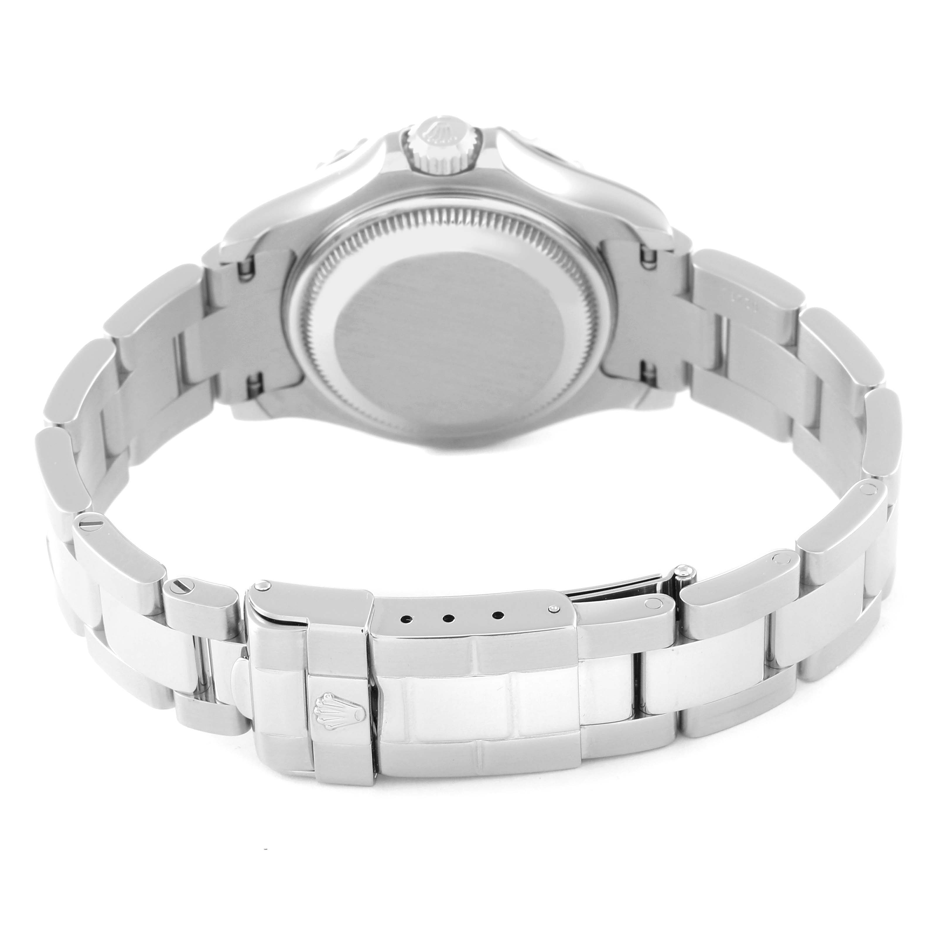 This image shows the back view of a Rolex Yacht-Master 169622 Women's Stainless Steel Silver Dial 169622 Women's Stainless Steel Silver Dial watch, highlighting the clasp and the bracelet links.