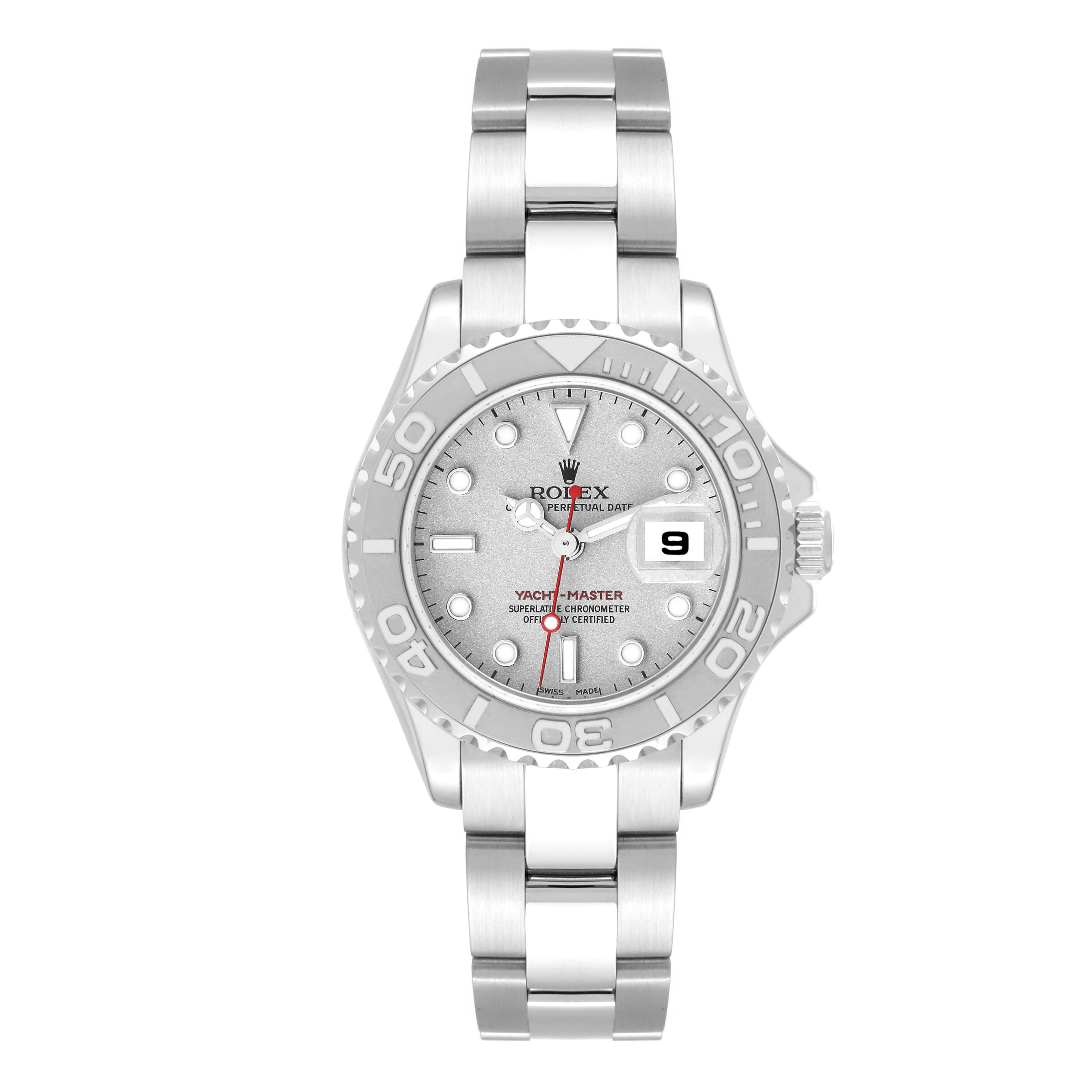 The image shows a Rolex Yacht-Master 169622 Women's Stainless Steel Silver Dial 169622 Women's Stainless Steel Silver Dial watch from a front angle, displaying the entire watch face, bezel, and bracelet.