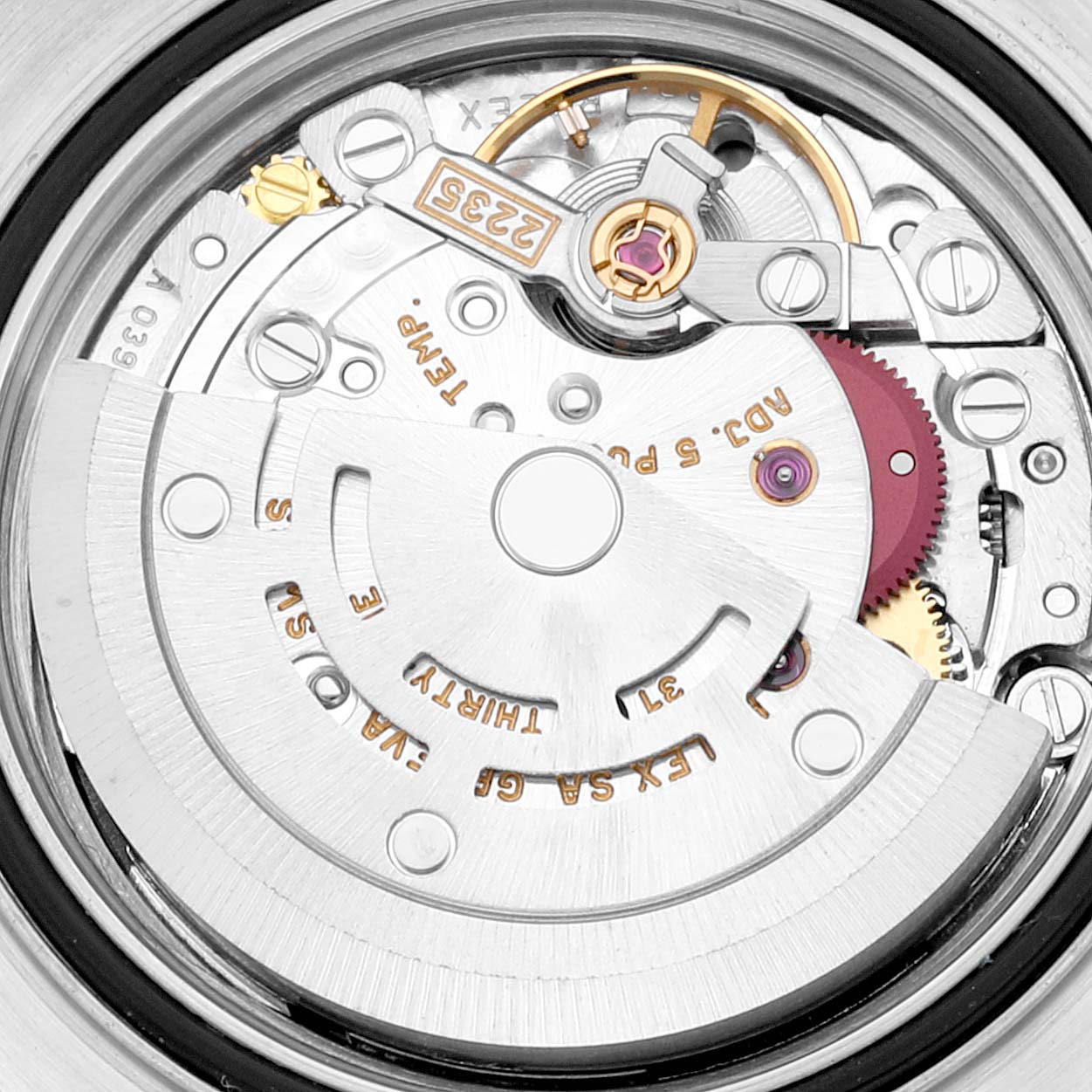 The image shows the internal mechanism of a Rolex Yacht-Master 169622 Women's Stainless Steel Silver Dial 169622 Women's Stainless Steel Silver Dial watch, highlighting its intricate components.