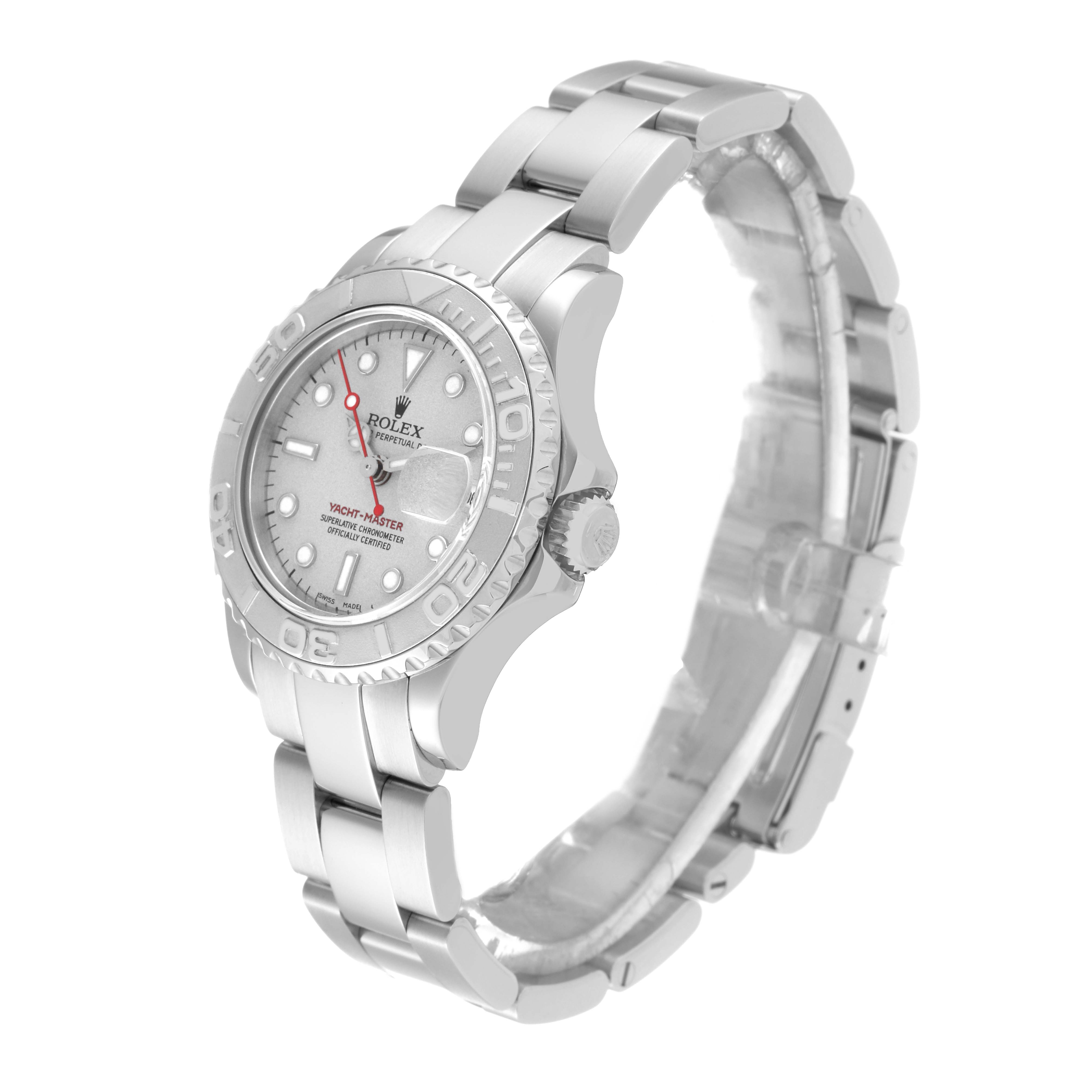 The image shows the Rolex Yacht-Master 169622 Women's Stainless Steel Silver Dial 169622 Women's Stainless Steel Silver Dial watch from a three-quarter angle, highlighting the dial, bezel, crown, and bracelet.