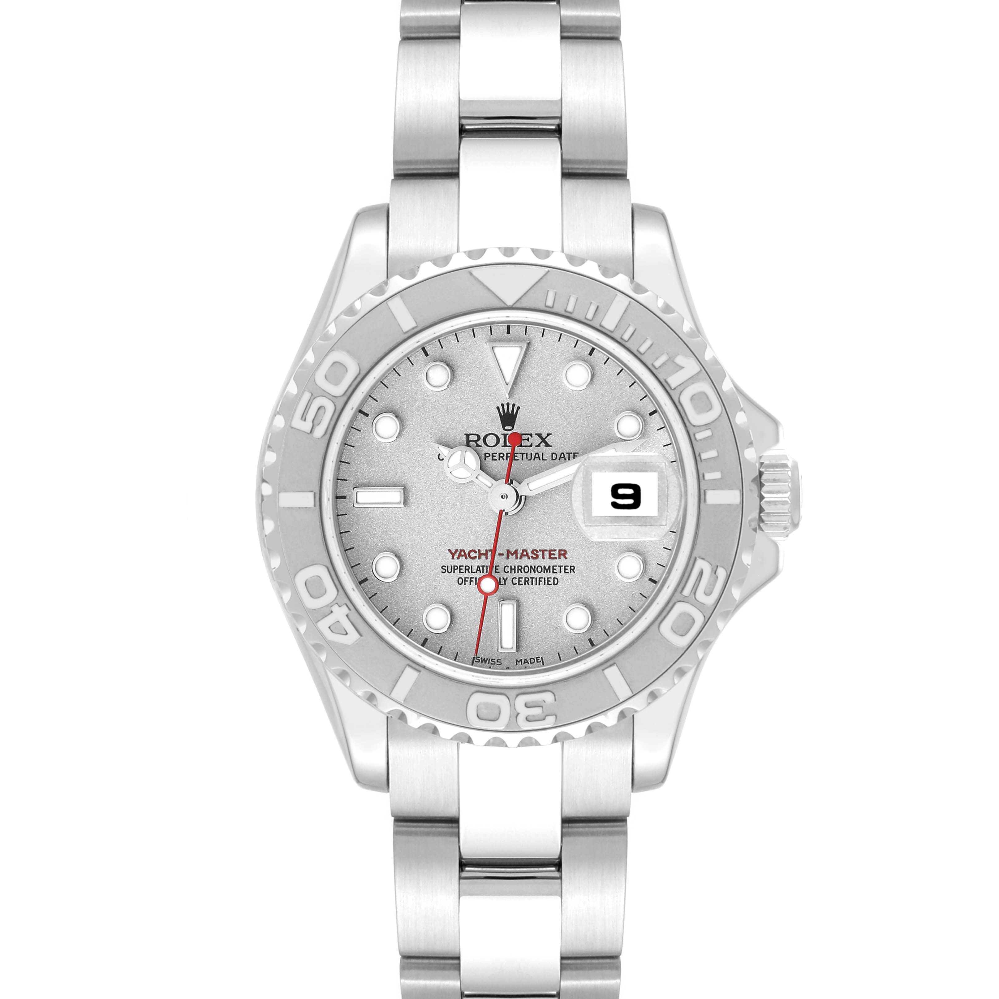 This image shows a Rolex Yacht-Master 169622 Women's Stainless Steel Silver Dial 169622 Women's Stainless Steel Silver Dial watch from a front angle, highlighting its face, bezel, and stainless steel bracelet.