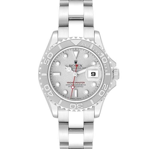 The Rolex Yacht-Master 169622 Women's Stainless Steel Silver Dial 169622 Women's Stainless Steel Silver Dial watch is shown from a top-down angle, displaying the face, bezel, and bracelet.