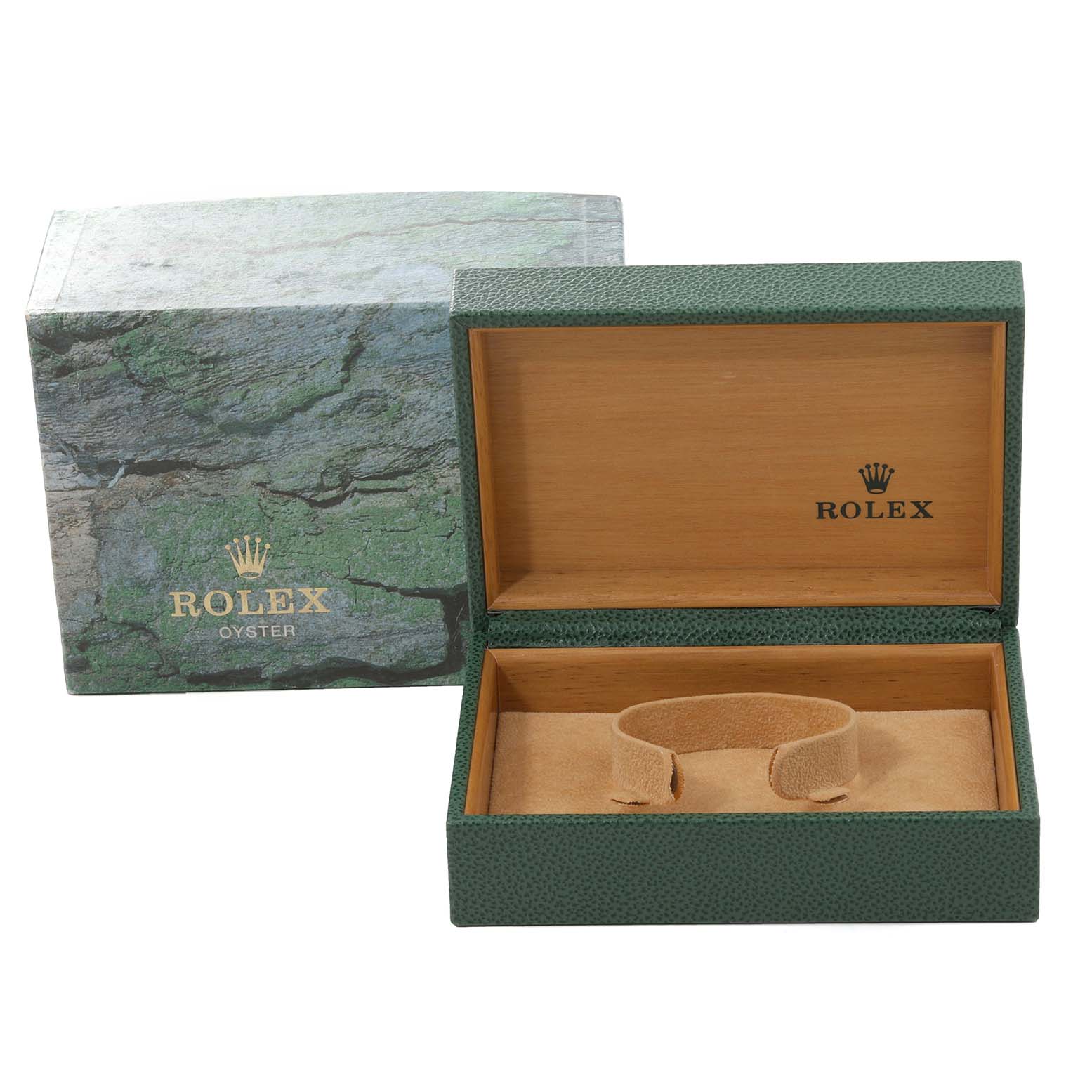 The image shows an empty Rolex Yacht-Master 169622 Women's Stainless Steel Silver Dial 169622 Women's Stainless Steel Silver Dial watch box and its outer packaging, displaying a green texture with the Rolex logo.