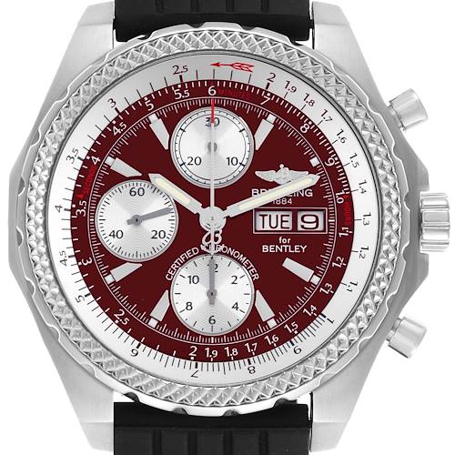 The Breitling Bentley A13363 Men's Stainless Steel Red Dial A13363 Men's Stainless Steel Red Dial watch is shown from the front, highlighting its bezel, dial, subdials, and crown.