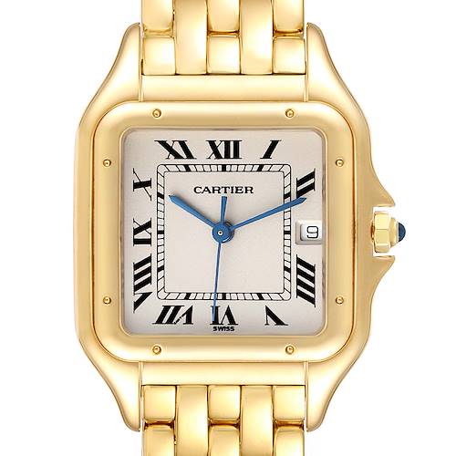 The image shows a frontal view of the Cartier Panthere W25014B9 Men's Yellow Gold Silver Dial W25014B9 Men's Yellow Gold Silver Dial watch, highlighting the dial, Roman numerals, hands, and part of the gold bracelet.